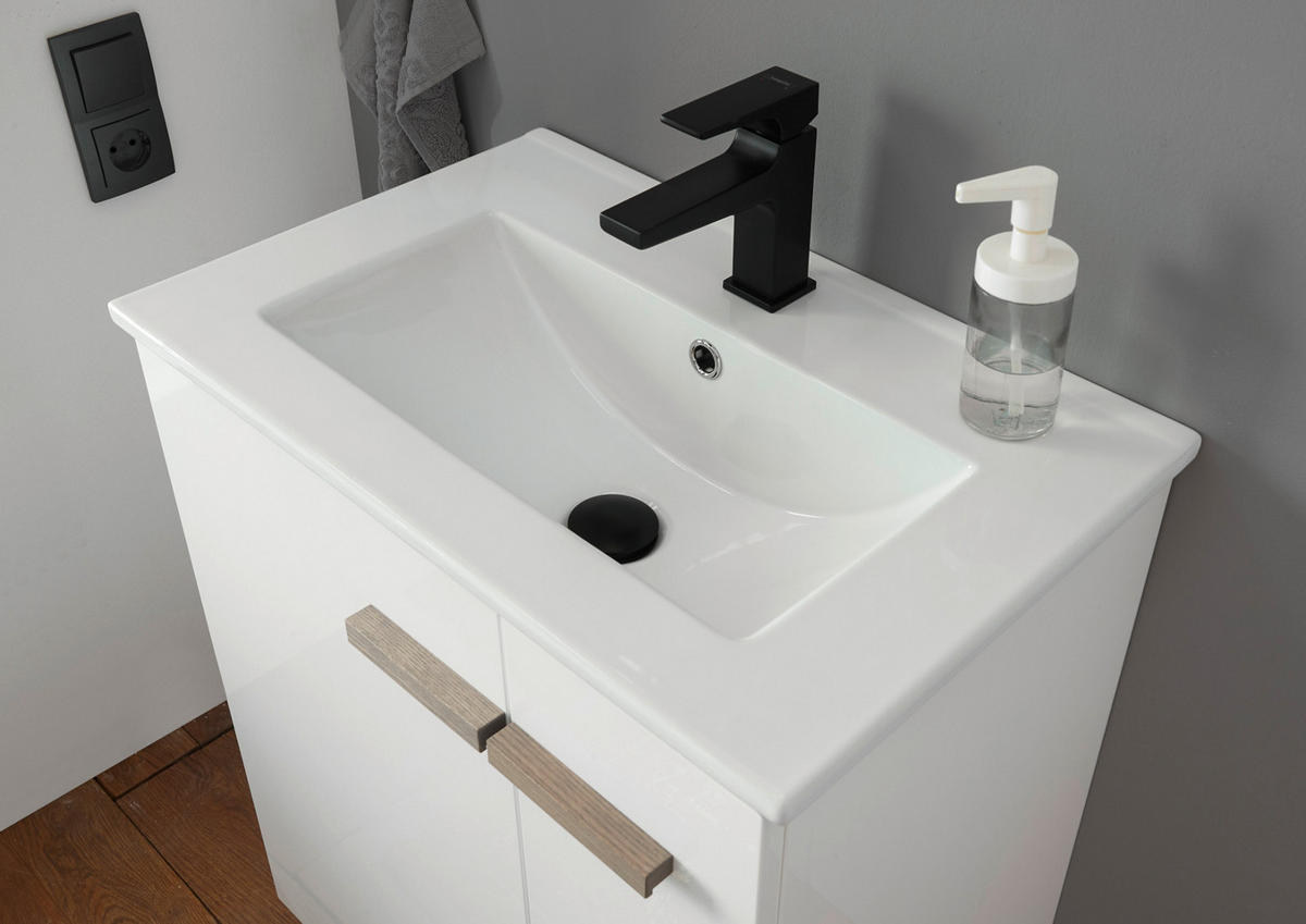 BADMÖBEL-SET weiß Hochglanz Lack, Eiche, Badkombination MIT Waschbecken, Badlampe 60 x 200 cm - Weiß Hochglanz/Eichefarben, Holzwerkstoff (60/200/40cm) - Furn.Design