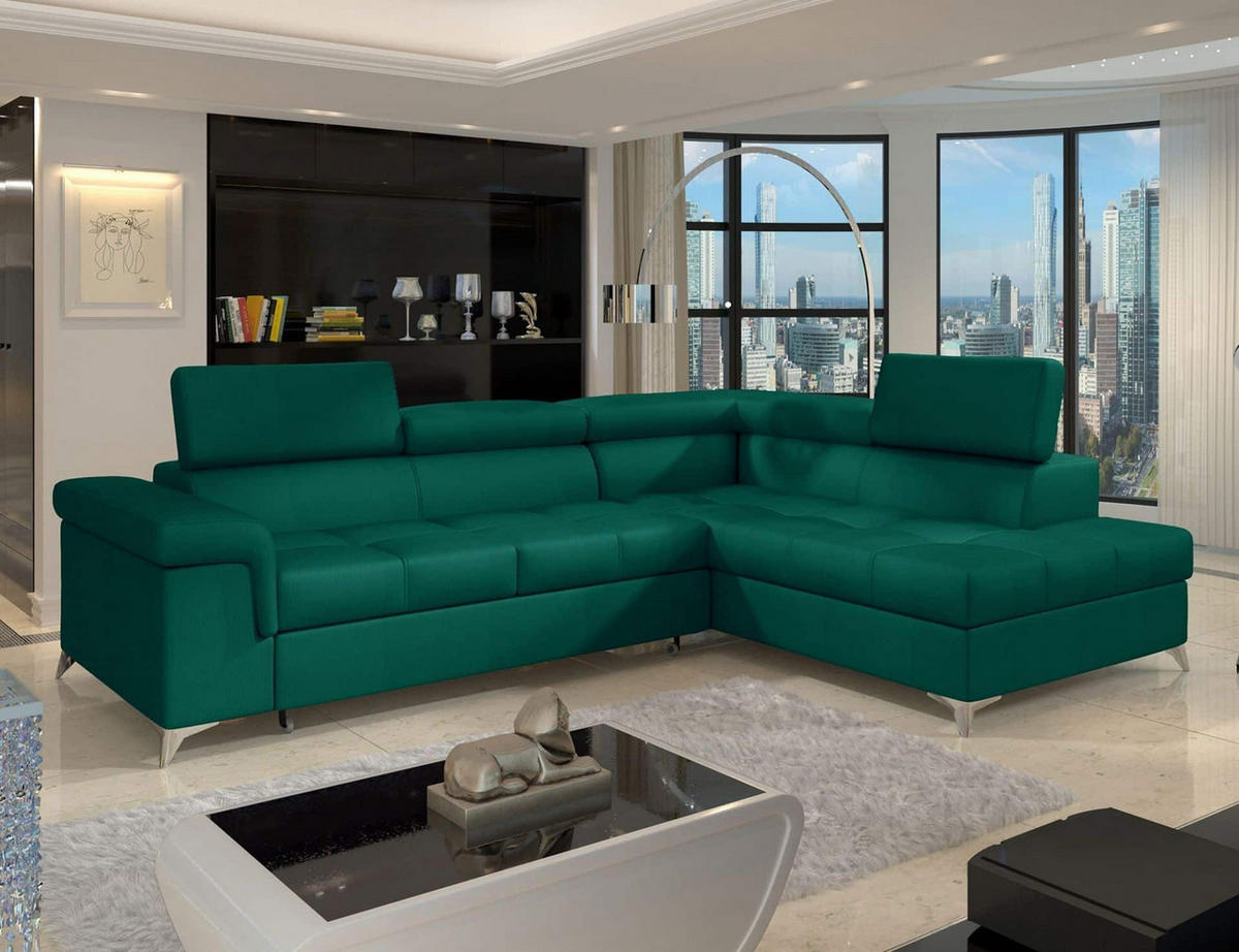 ECKSOFA mit Schlaffunktion und Bettkasten, pflegeleichter Monolith-Stoff - Chromfarben/Dunkelgrün, Textil/Metall (202/275cm) - Eltap