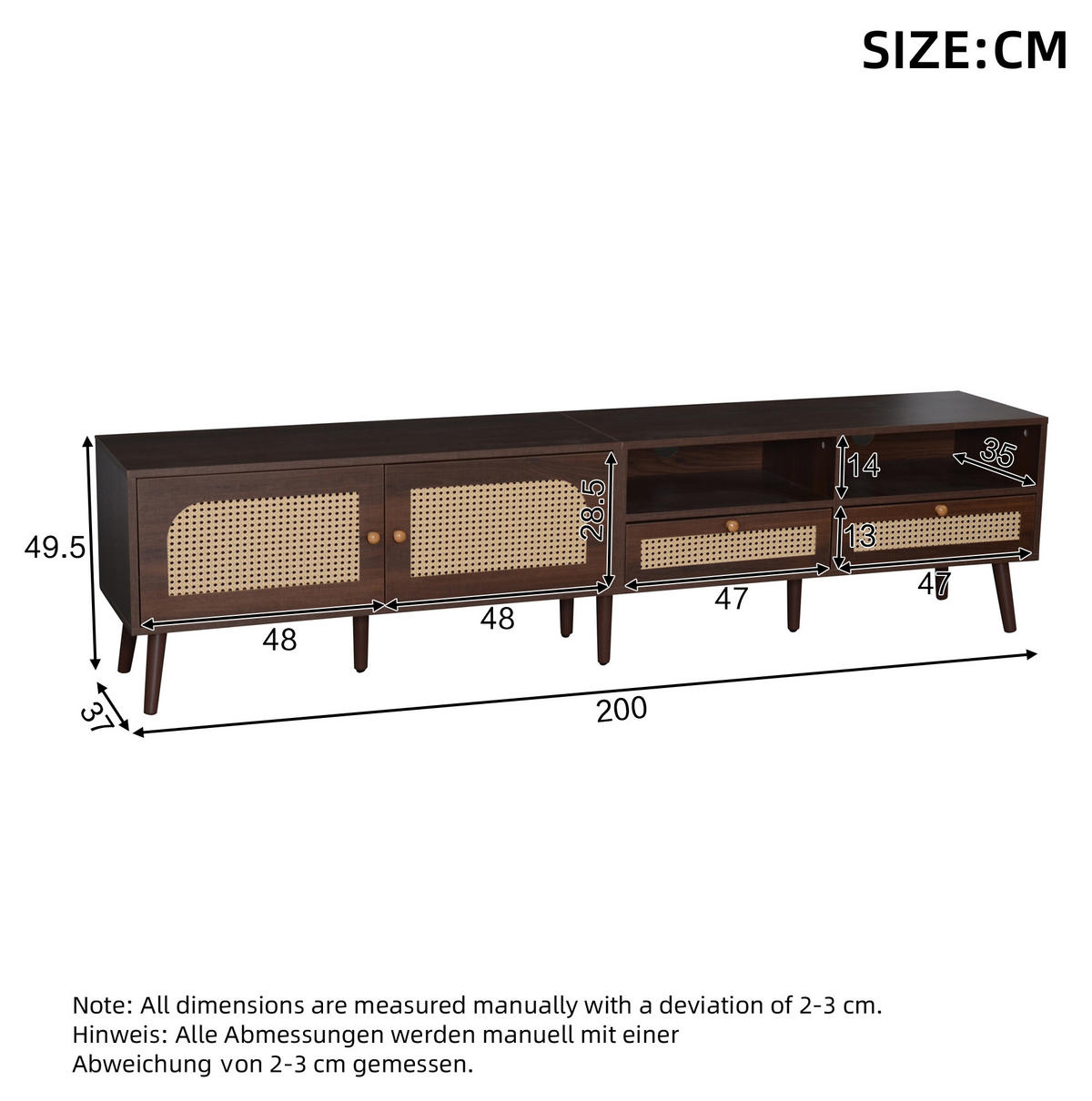TV ormarić od iverice 200x37x49,5 cm smeđa s vratima od ratana, 2 ladice i 8 nogu - smeđa, drvni materijal (200/49.5/37cm) - Modfu