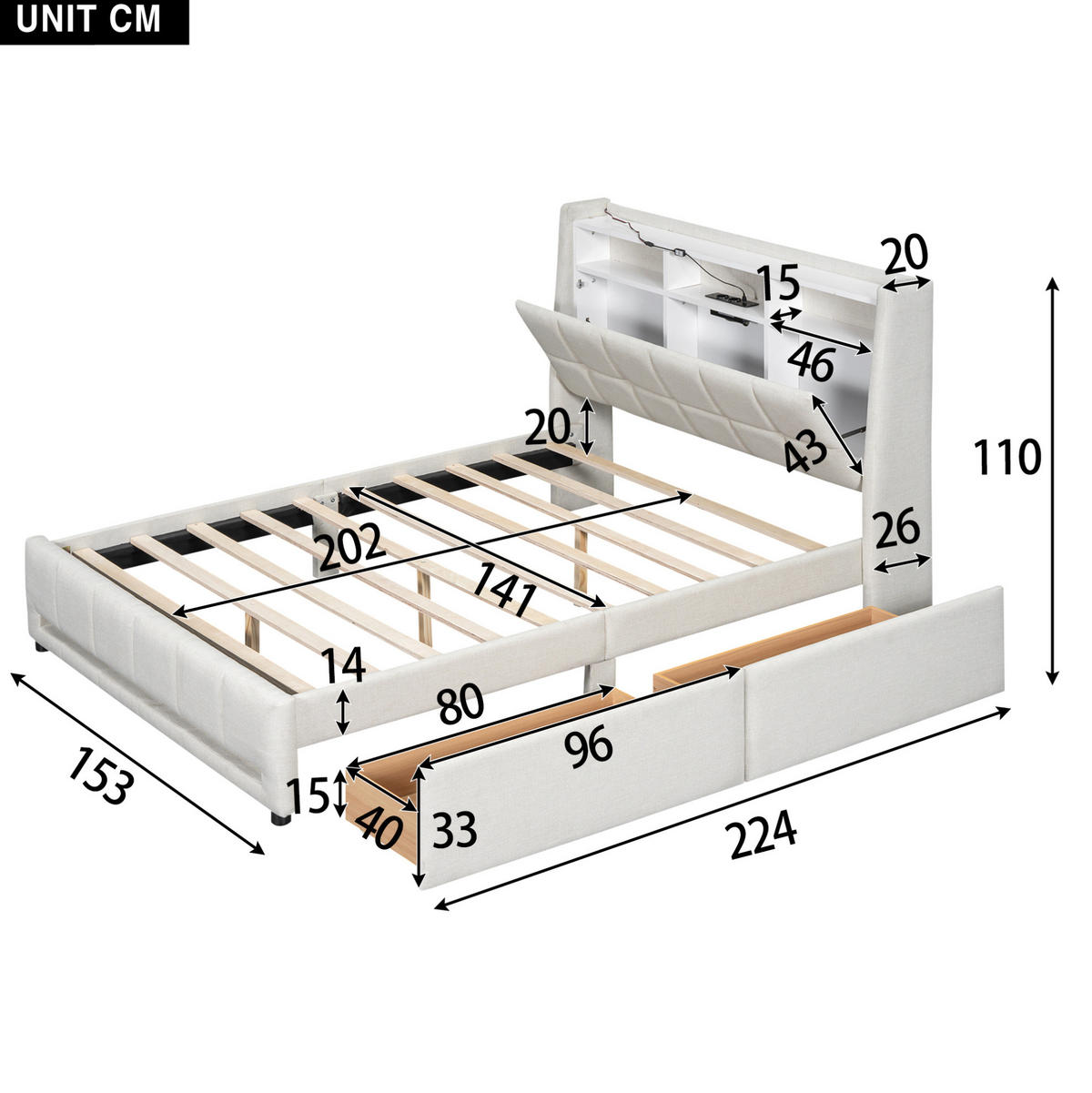 POLSTERBETT 140/200 cm beige mit LED-Beleuchtung und USB-Anschluss - Beige, Textil (140/200cm) - OKWISH