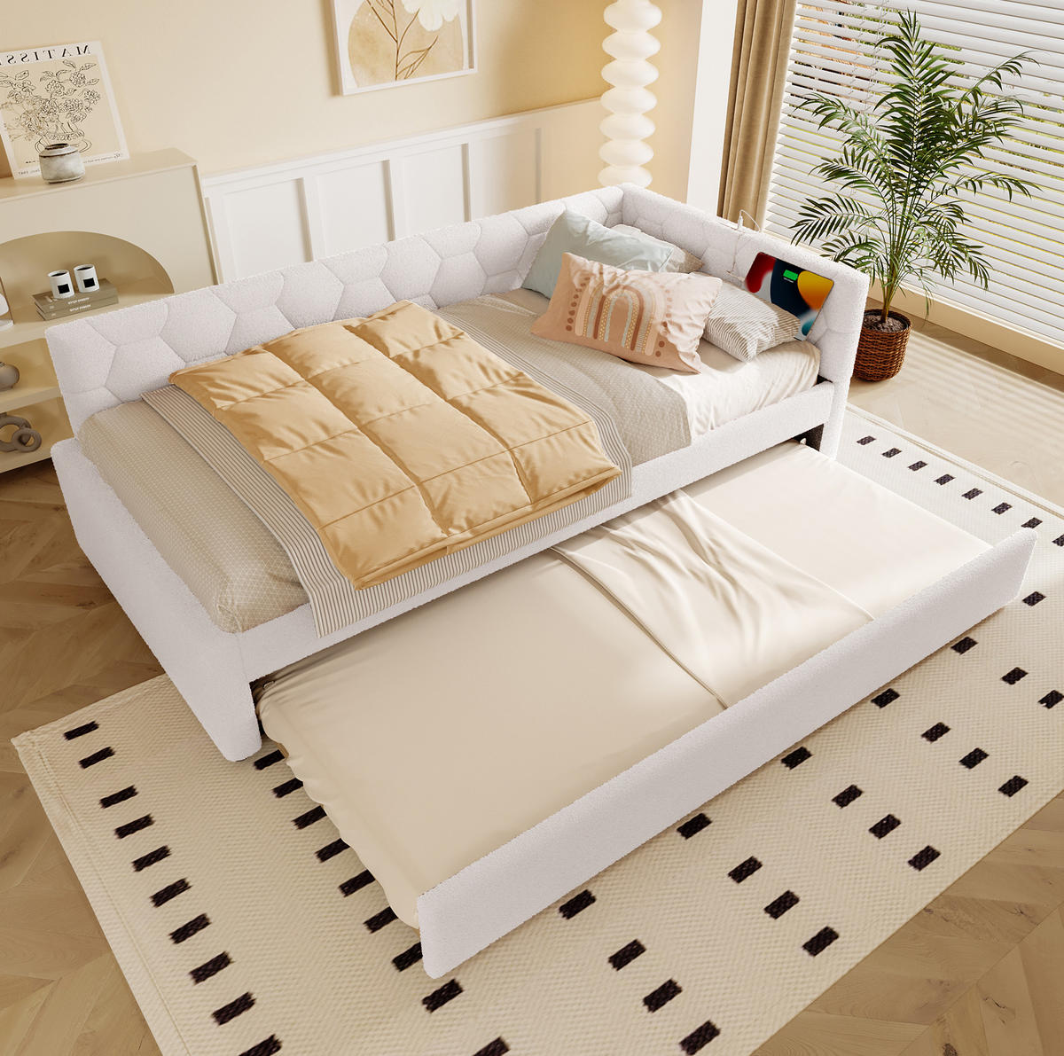 POLSTERBETT 90/200 cm in Weiß mit Bouclé, Nachttischlampe und USB- und Type-C-Anschlüssen - Weiß, Textil (90/200cm) - Flora Grace