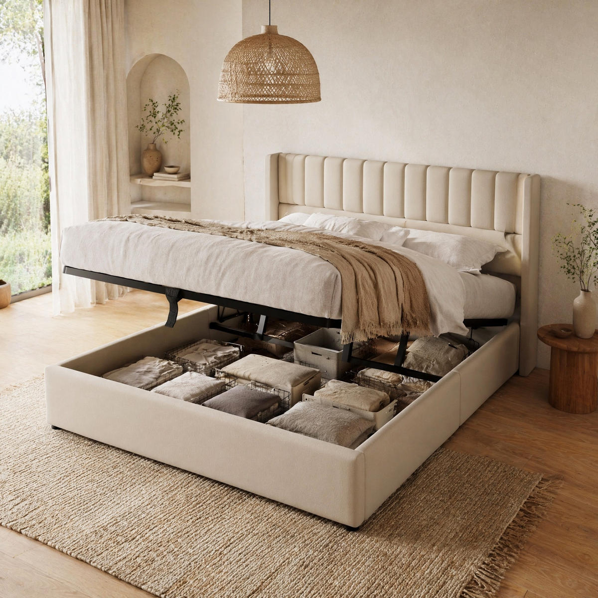 POLSTERBETT 140/200 mit Bettkasten und hydraulischem Stauraum in Beige - Beige, Holzwerkstoff/Textil (140/200cm) - EVRYAE