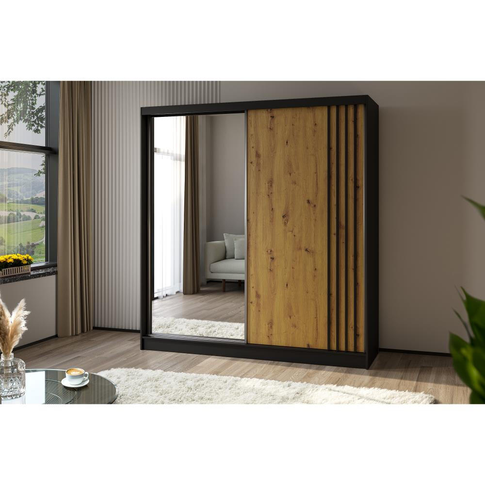SCHWEBETÜRENSCHRANK Nela II 200/216/61 schwarz mit Schubladen - Schwarz/Weiß, Holzwerkstoff (200/216/61cm) - Beautysofa