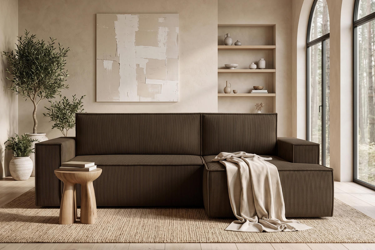 ECKSCHLAFSOFA-RECHTS NAPI in Pet Friendly Cord-Stoff, dunkelbraun - Dunkelbraun/Schwarz, Textil (262/148cm) - KONSIMO®