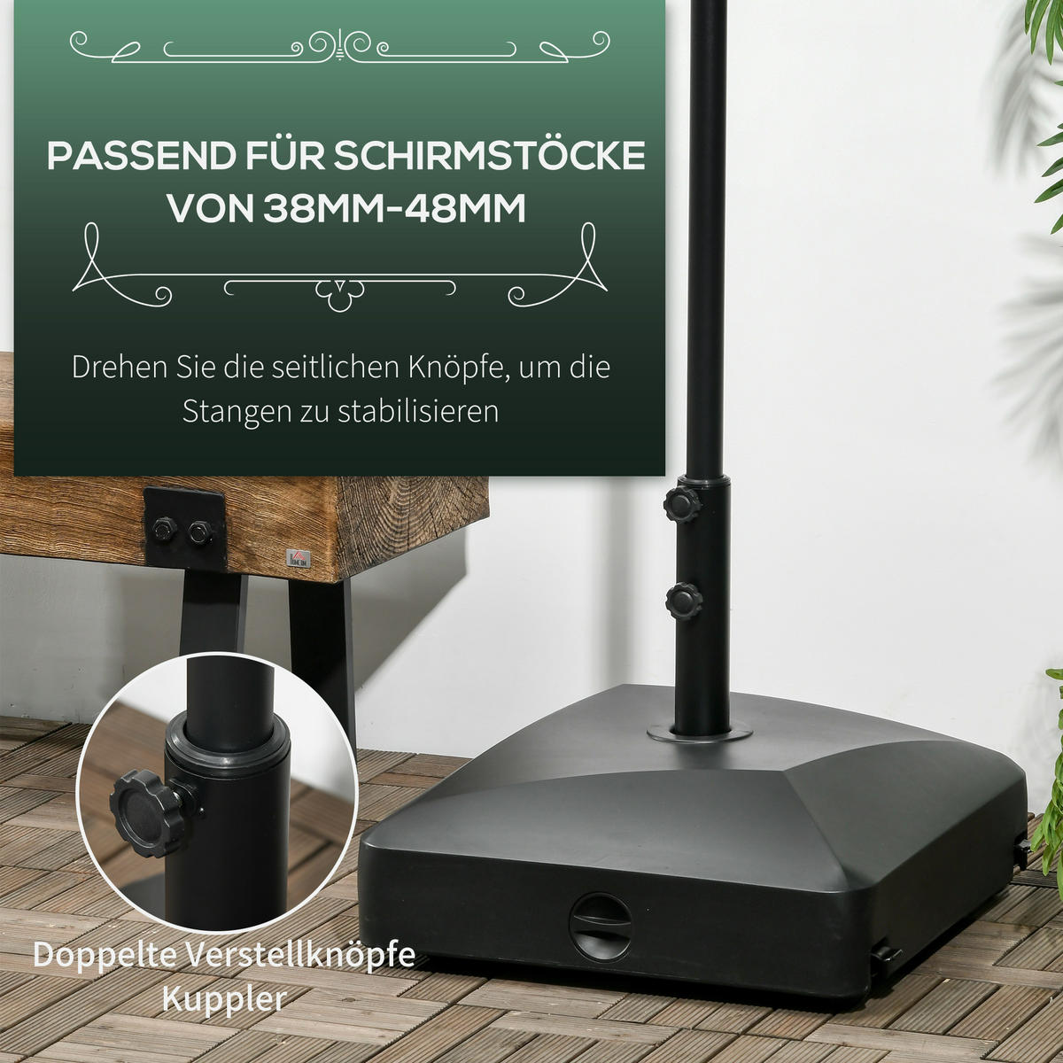 SONNENSCHIRMSTÄNDER mit Rollen mit 43kg Wasser/ 60kg Sand befüllbar, Metall, Schwarz - Schwarz, Kunststoff (54.5/54.5cm) - Outsunny