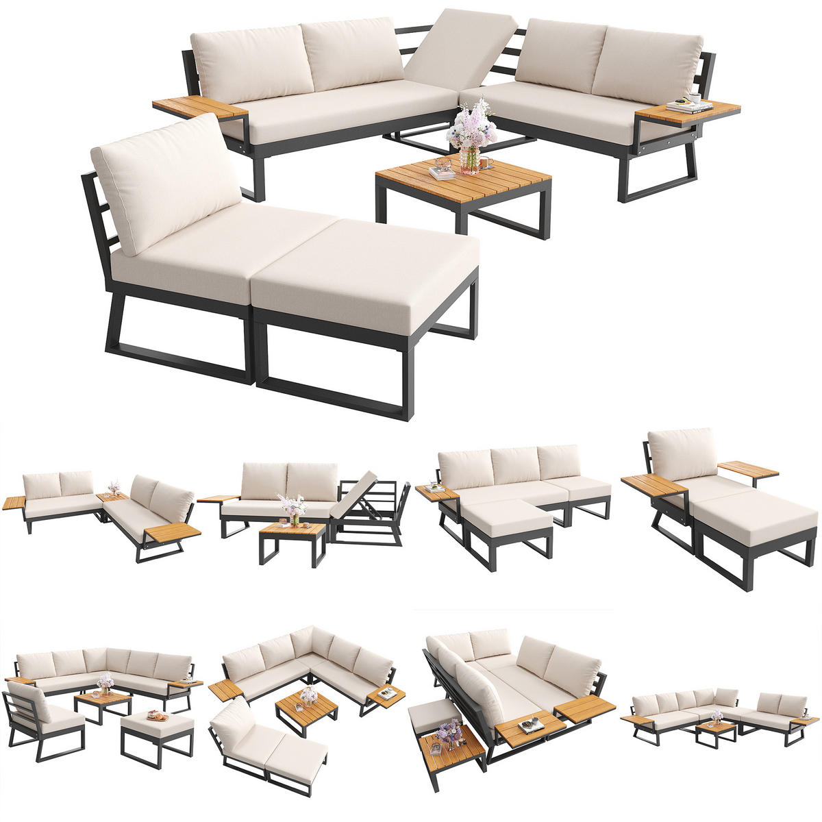 GARTEN-LOUNGE-SET L-Form Grau/Beige 6-tlg. - Beige, Metall - ComfortXL