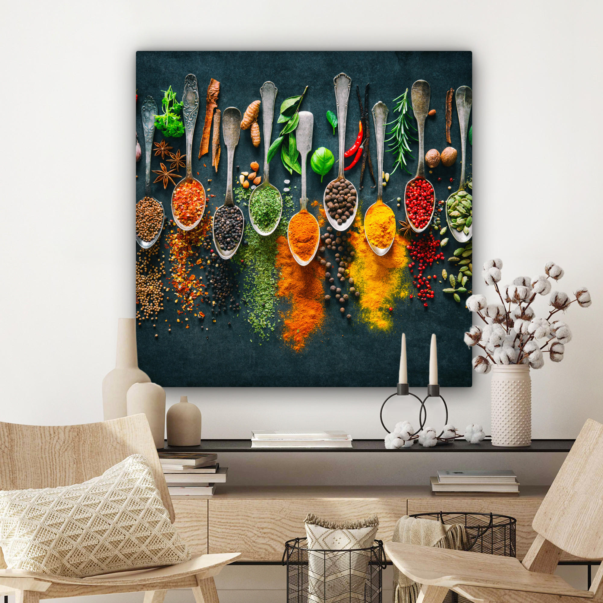 LEINWANDBILD Kräuter - Gewürze - Löffel 90x90 cm - Currygelb, Textil (90/90cm) - MuchoWow