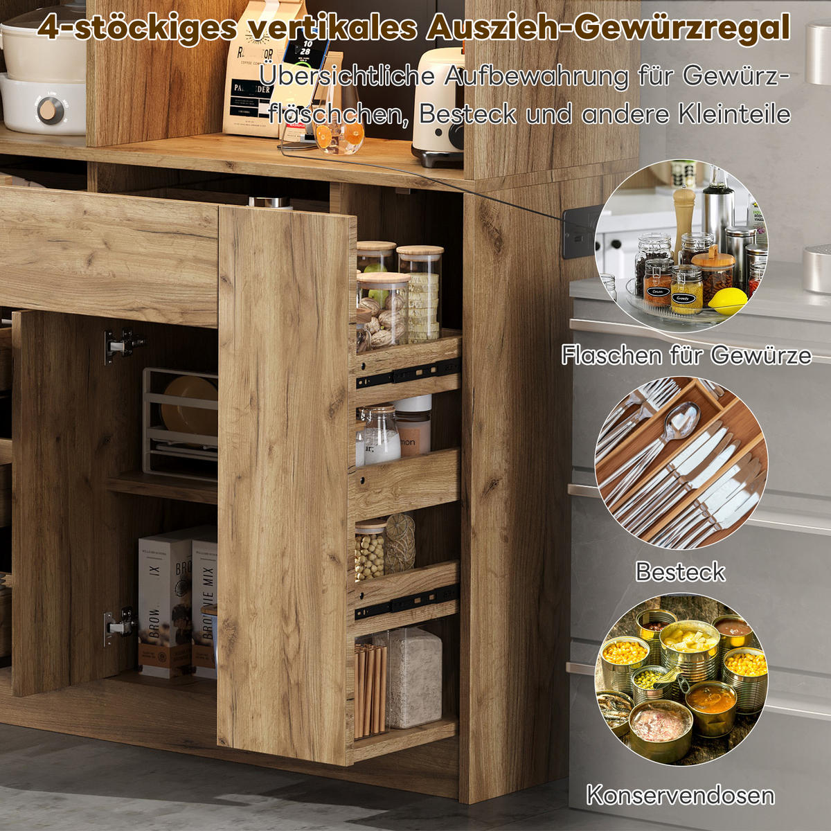 HIGHBOARD DE-38663 185/105/40 cm LED-Beleuchtung und 4-stöckiges Gewürzregal Natur - Naturfarben, Holzwerkstoff (105/185/40cm) - ComfortXL