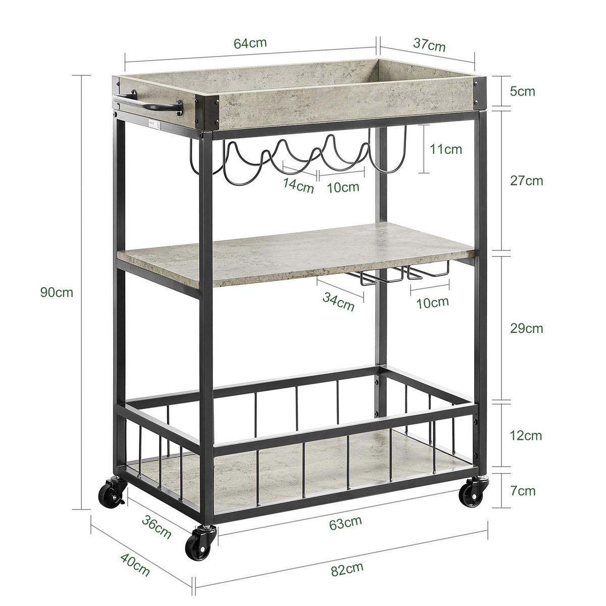 SERVIERWAGEN Grau - Grau, Holzwerkstoff (80/90/40cm) - SoBuy