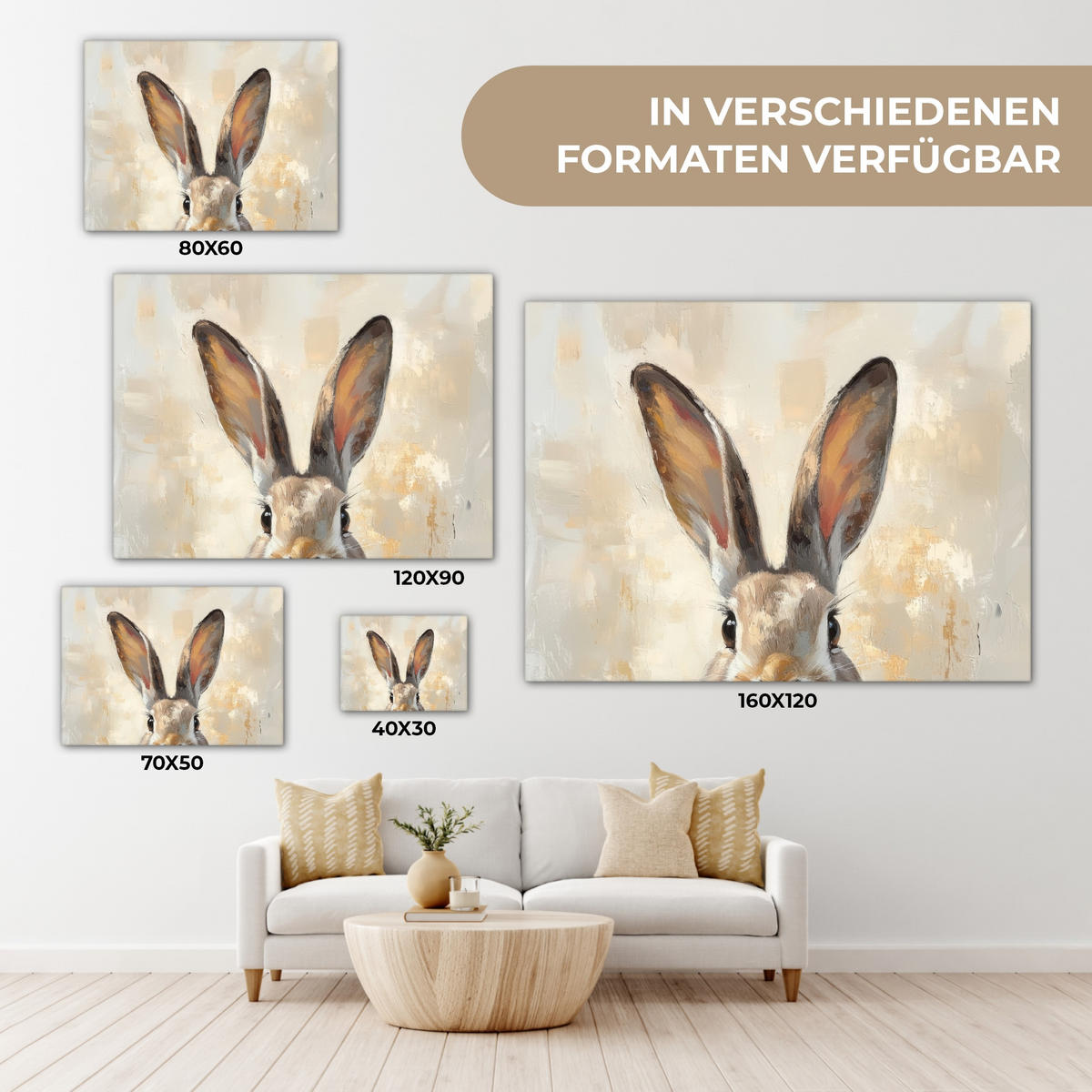 LEINWANDBILD Hase - Ohren - Braun Wandbild 40x30 cm - Beige, Textil (40/30cm) - MuchoWow