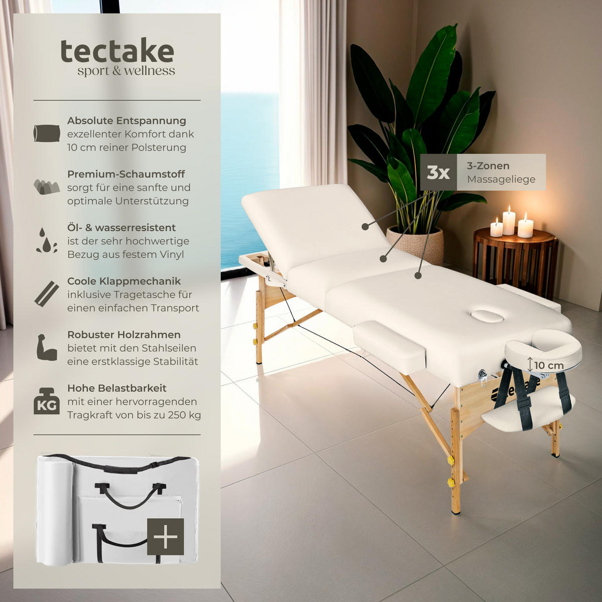 MASSAGELIEGE 3 Zonen, 218 x 102 x 90 cm,beige - Beige, Holz (102/90/218cm) - tectake