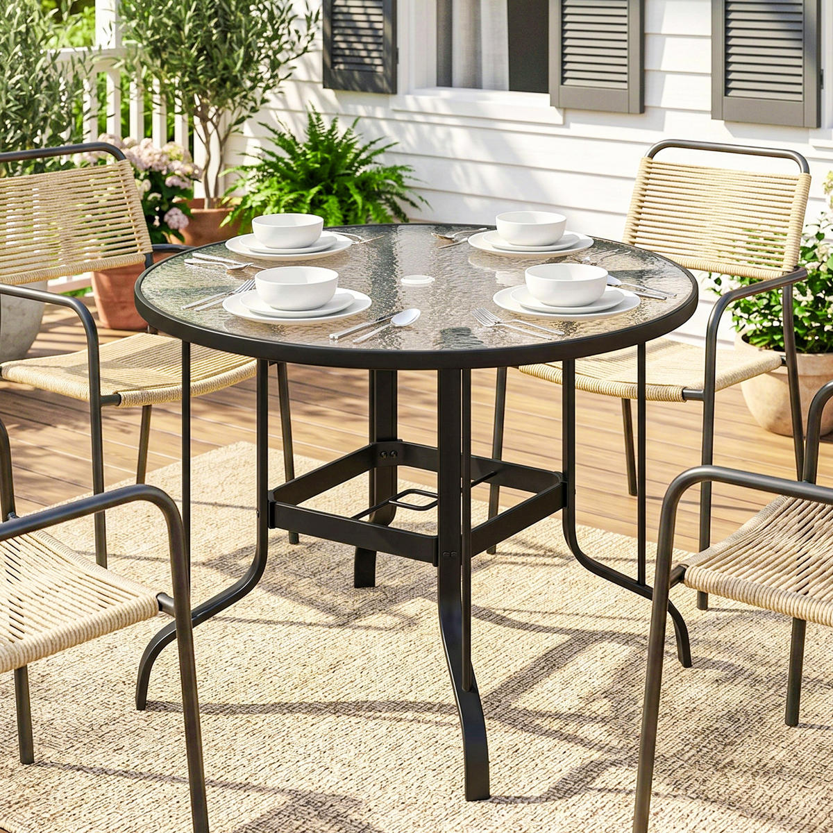 GARTENTISCH,RUND Sicherheitsglas mit Schirmloch Ø96,5x71cm,schwarz - Schwarz, Metall (96.5/96.5/71cm) - Vallsero