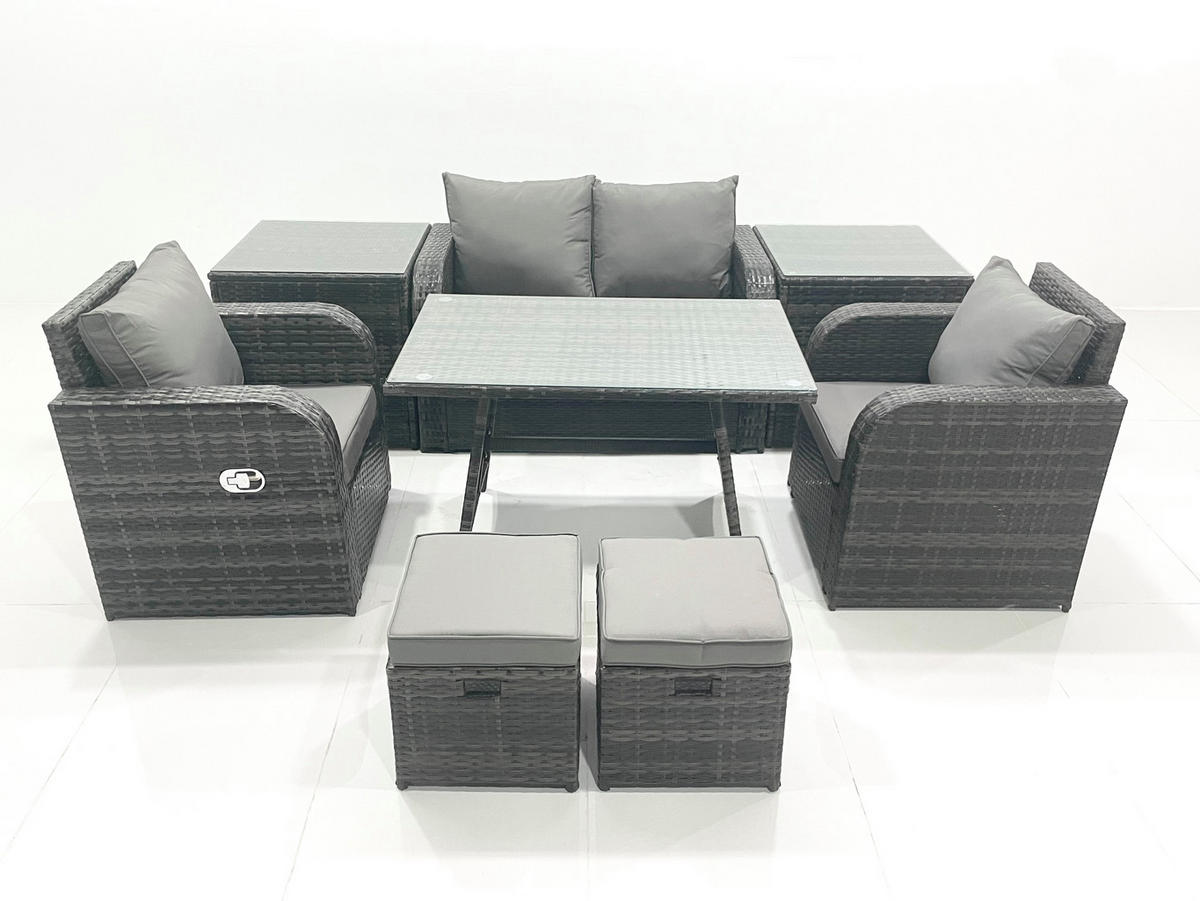 GARTENMÖBEL SET mit COUCHTISCH Polyrattan Dunkelgrau 6-Sitzer - Dunkelgrau/Grau, Glas/Kunststoff - Fimous