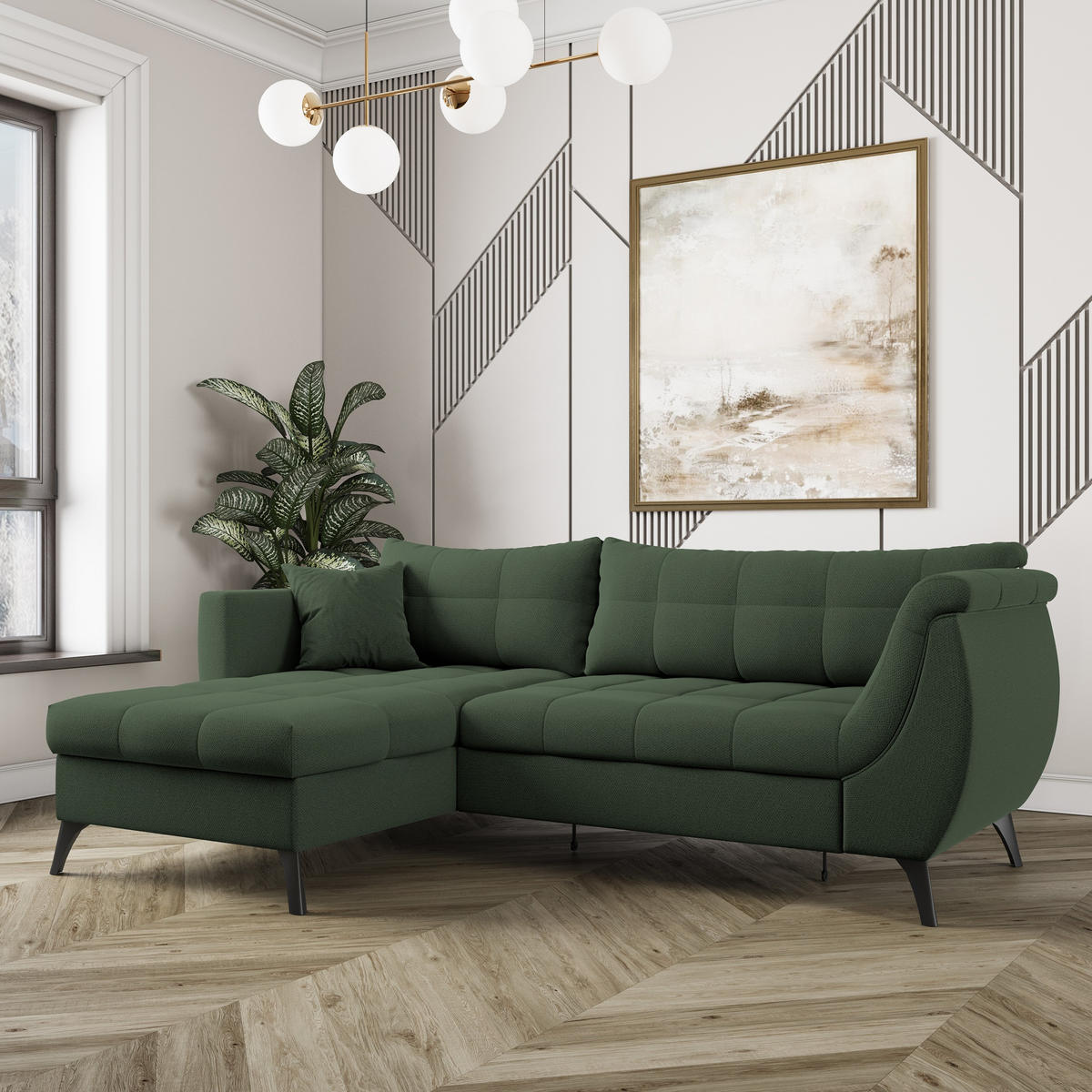 ECKSOFA MOLLIS Grün Geflochtener-Stoff mit Schlaffunktion - Grün, Holz (241/154cm) - MASSENO