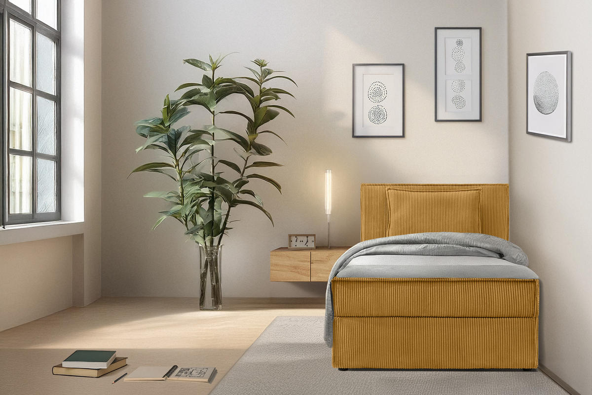 BOXSPRINGBETT ROTI Einzelbett, gelb - Gelb/Schwarz, Holz/Holzwerkstoff (80/200cm) - KONSIMO®
