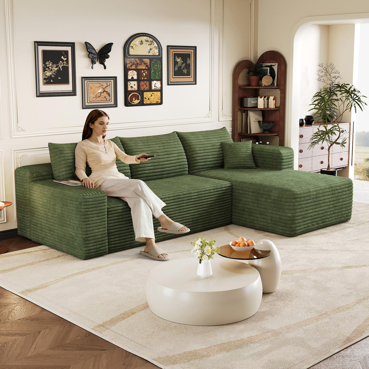 ECKSOFA 241 cm aus Stoff mit Cordbezug und Chaise Lounge Grün - Grün, Textil (151/241cm) - Modenvie