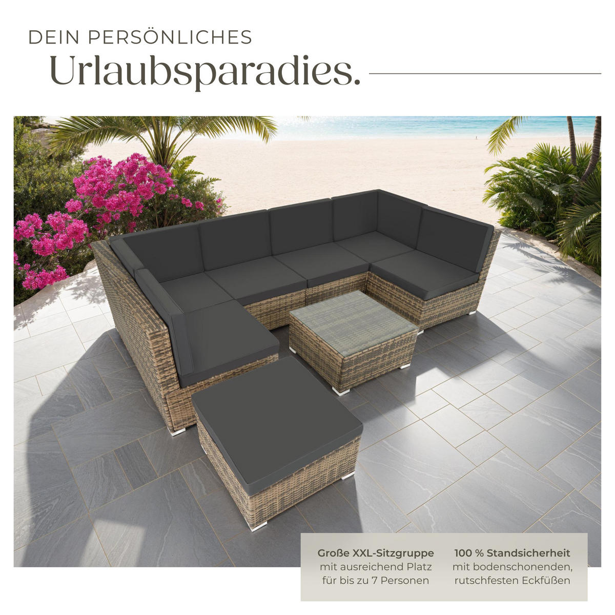 RATTANLOUNGE Venedig,mit Sicherheitsglasplatte,natur - Naturfarben, Kunststoff - tectake