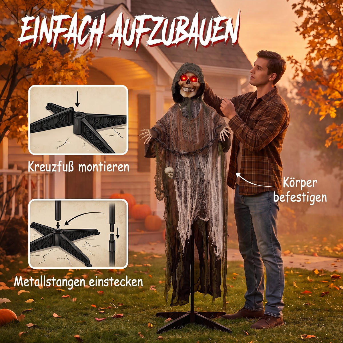 ANIMIERTE-HALLOWEEN-DEKORATION Metall Polyester Schwarz - Schwarz, Kunststoff (18/170/70cm) - HOMCOM