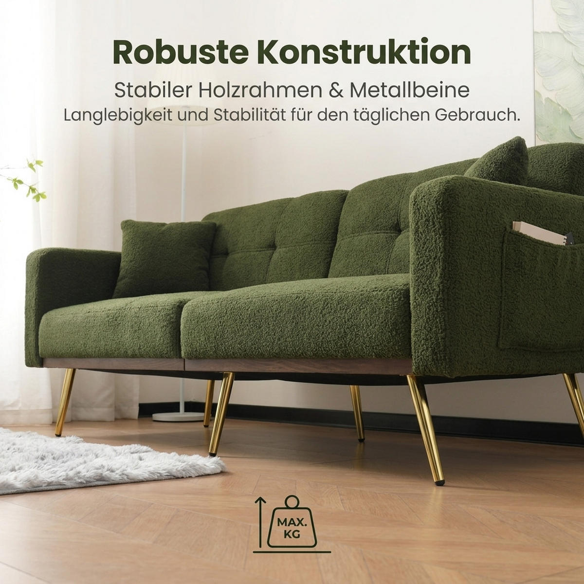 SCHLAFSOFA 175/64/72 cm Antikgrün Wollstoff mit Kissen und seitlichen Aufbewahrungstaschen - Olivgrün, Textil (64/72/175cm) - Oxeza