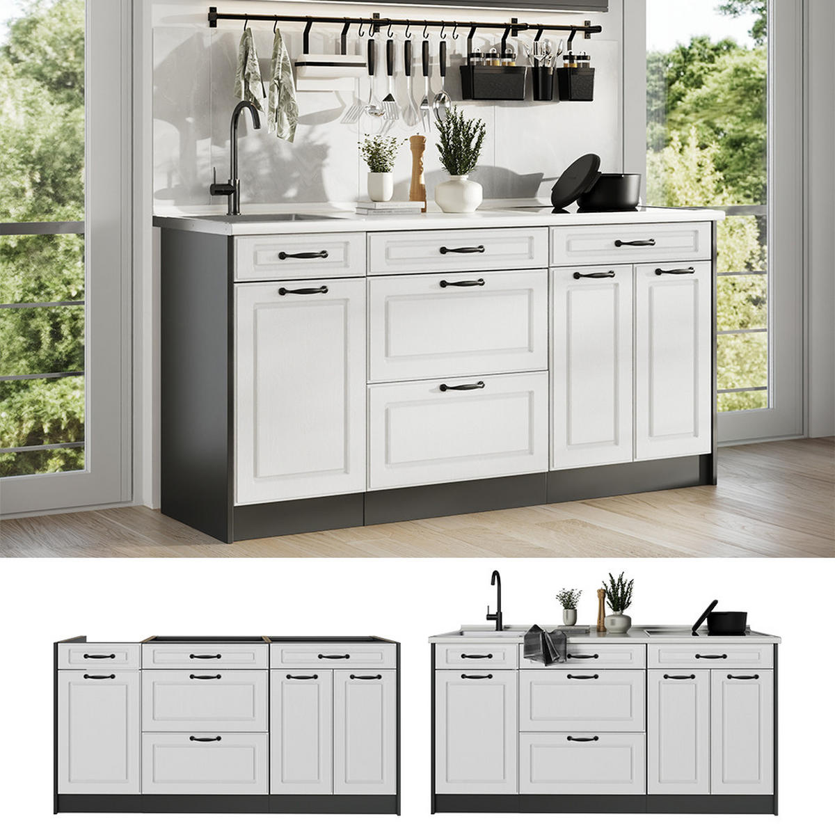KÜCHENBLOCK R-Line, Weiß Landhaus/Anthrazit, 160 cm Arbeitsplatte Marmor - Anthrazit/Weiß, Holzwerkstoff (160/81.6/60cm) - Vicco