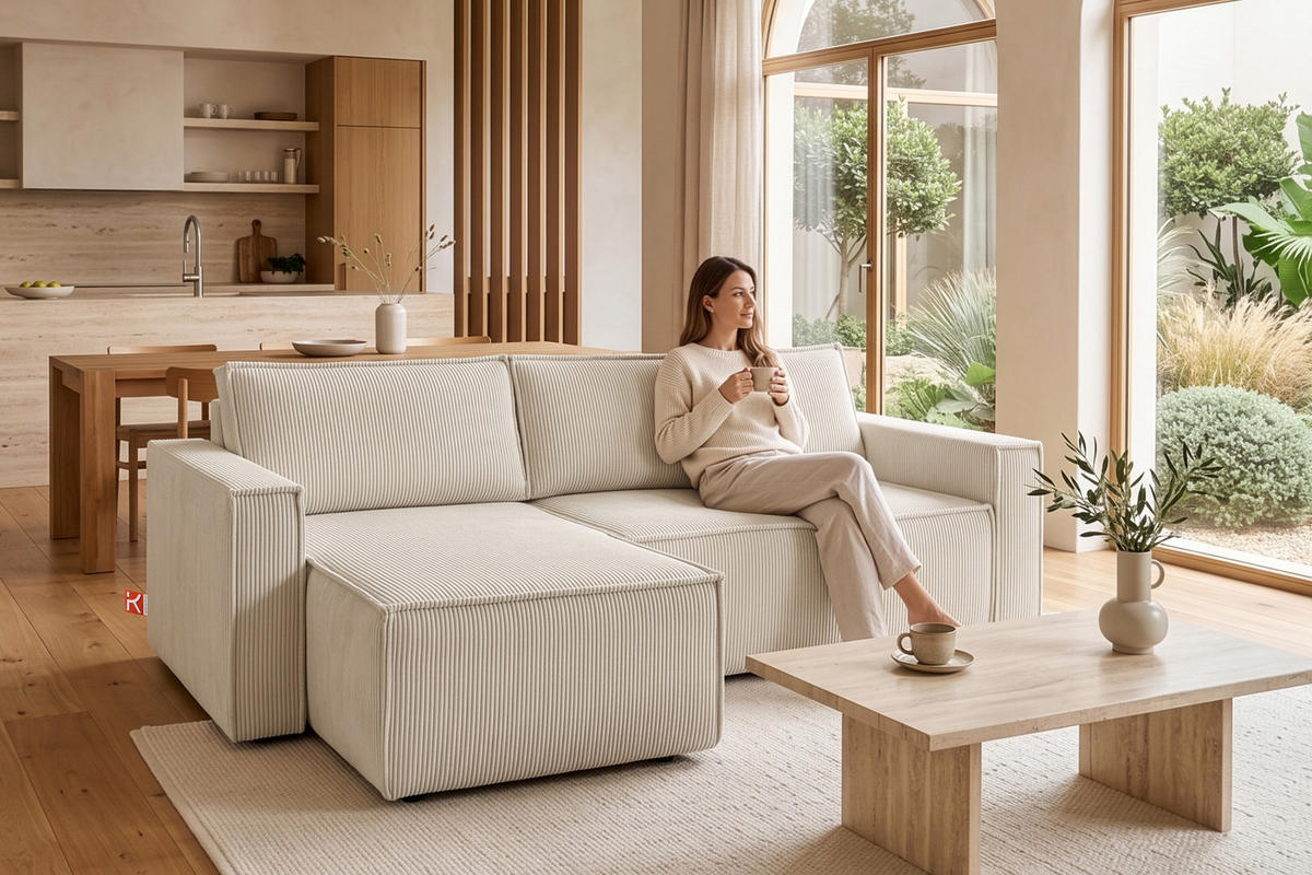 ECKSOFA-LINKS/RECHTS NAPI Schlaffunktion mit Cordbezug, beige - Ecru/Schwarz, Textil (246/148cm) - KONSIMO®