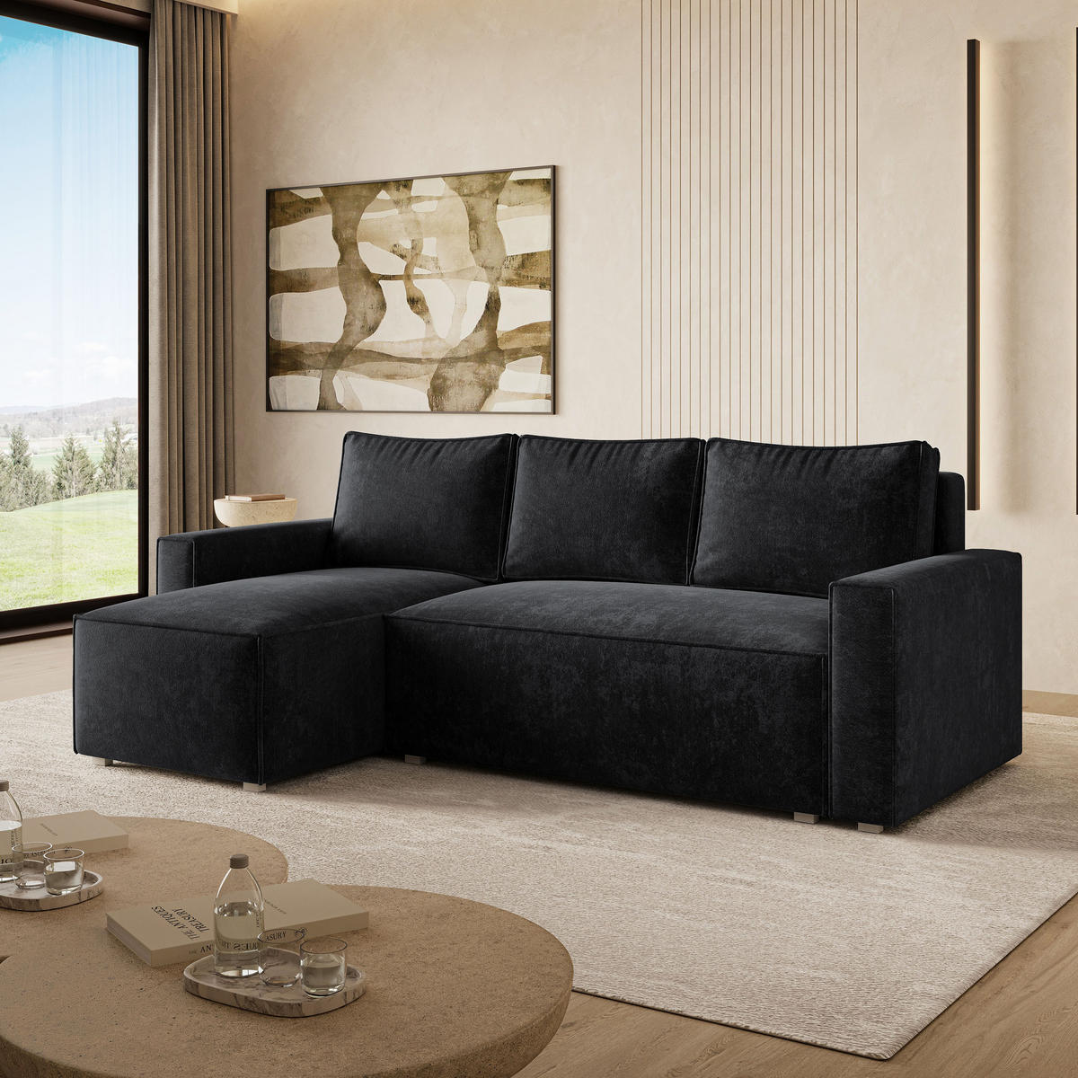 ECKSOFA POTARO LM Schwarz Chenille mit Schlaffunktion - Schwarz, Holzwerkstoff/Textil (232/140cm) - MASSENO
