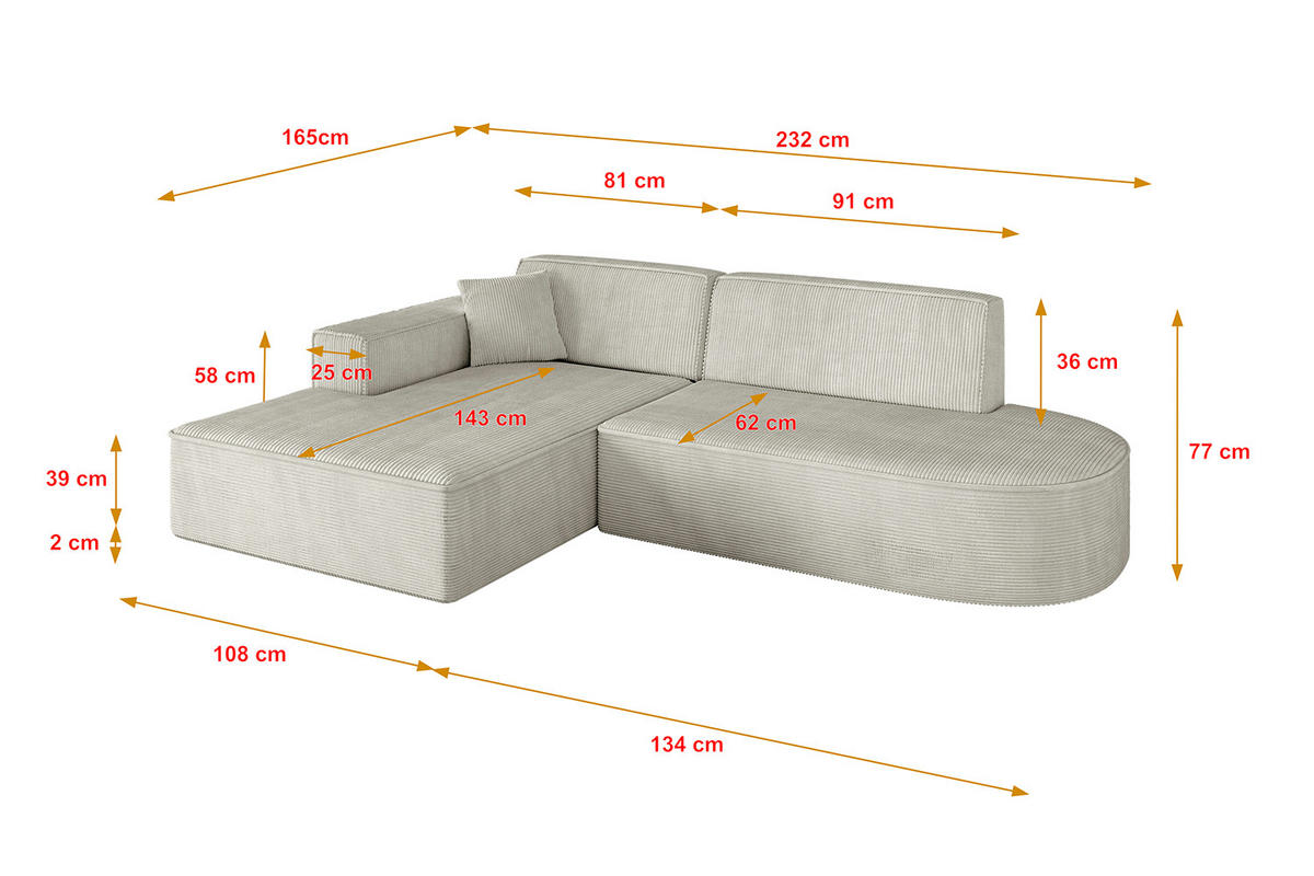 ECKSOFA Ottomane Links IREA-L1-v4 - 232x165x77 cm Hellgrau - Ecru, Holzwerkstoff/Textil (232/165cm) - ALTDECOR