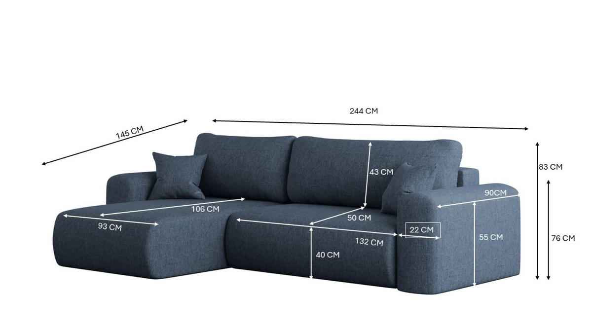 ECKSOFA Mit Schlaffunktion Und Bettkasten L-förmiges Sofa Capri Stoff Verita Links Marineblau - Blau, Holz (145/272cm) - Kaiser Möbel