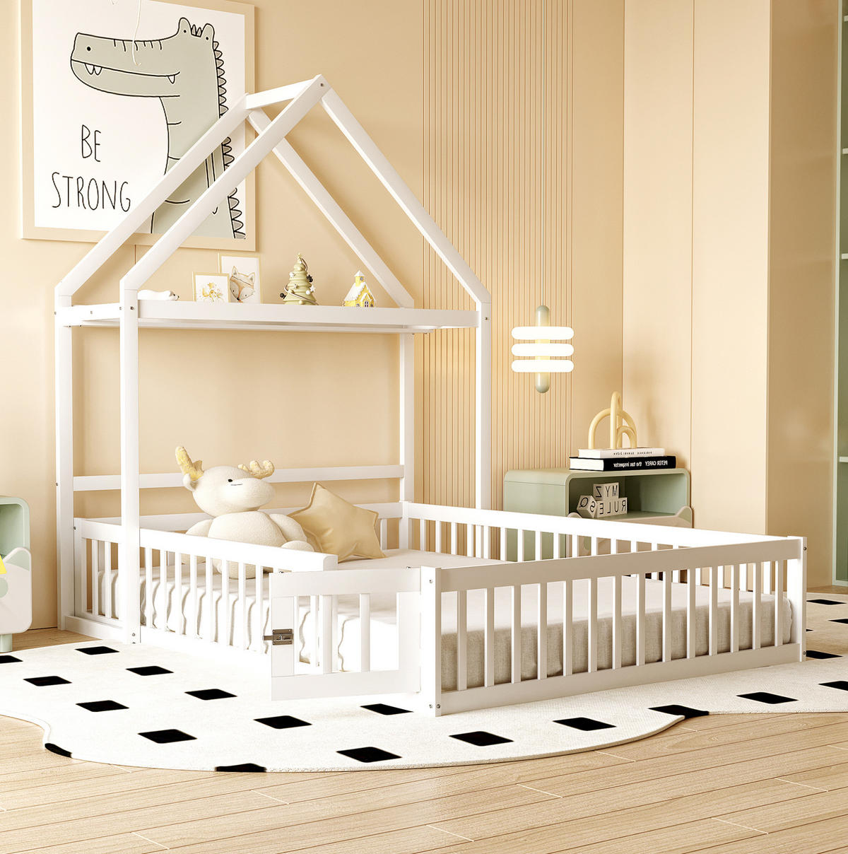 KINDERBETT 140/200 cm aus Holzwerkstoff mit Dach, Stauraum, Tür und Lattenrost, Weiß - Weiß, Holzwerkstoff (140/200cm) - Redom