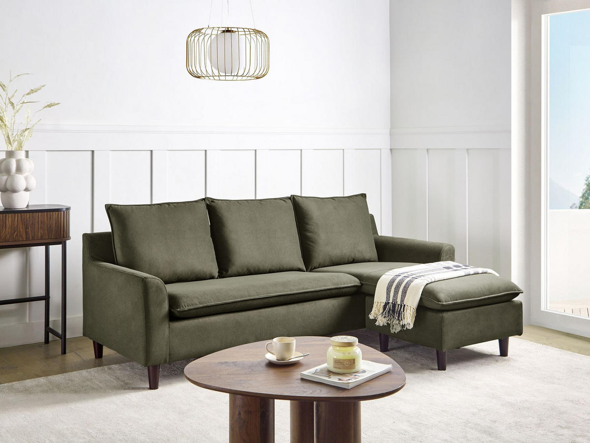 ROHOVÁ POHOVKA 3-místná Sametová látka Tmavě zelená levostranná Elvenes - zelená barva/hnědá, textil (206/140cm) - Beliani