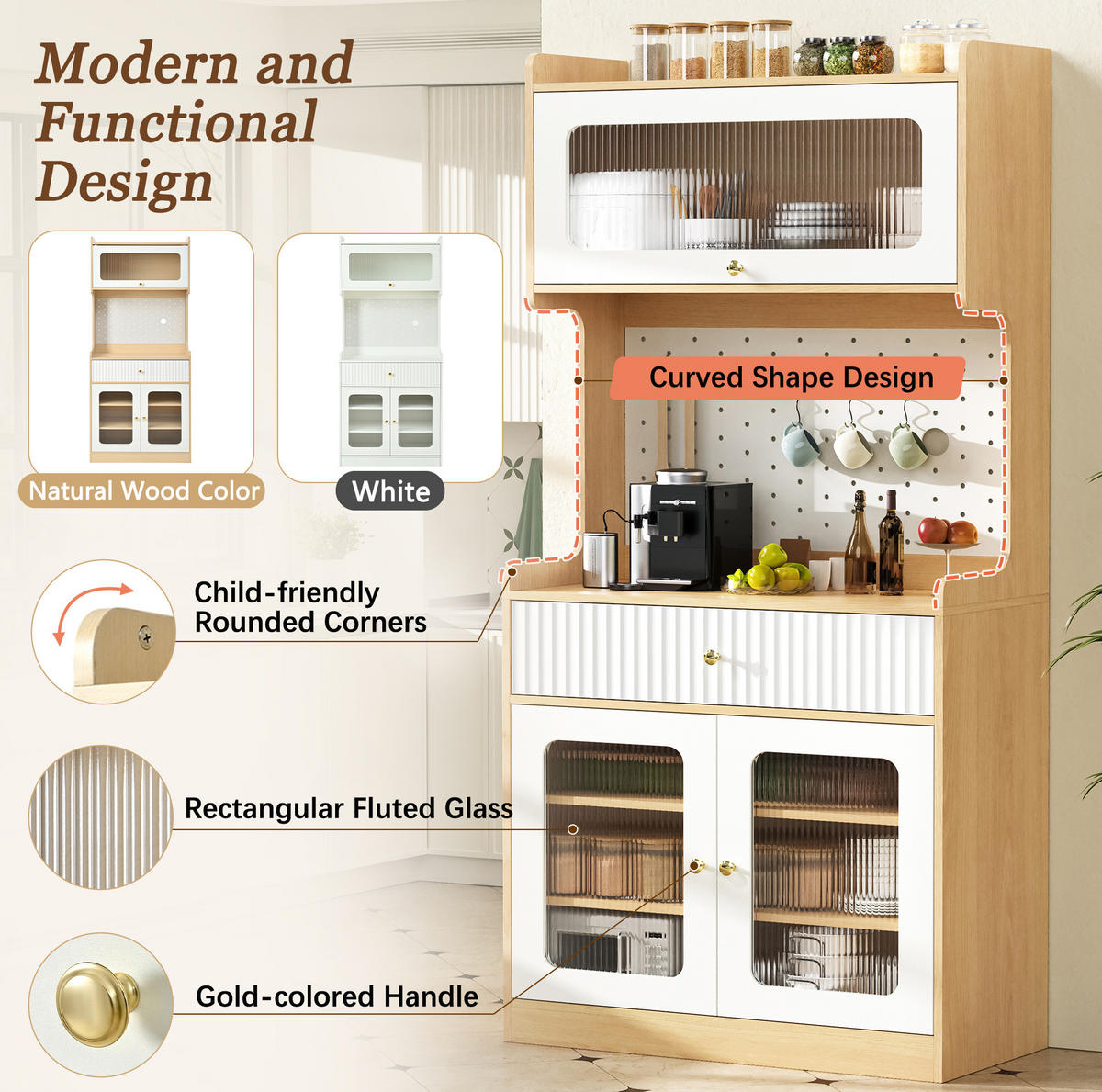 HIGHBOARD 80/40/180 cm in Natur/Weiß mit LED und Riffelglas - Naturfarben, Holzwerkstoff (80/180/40cm) - BEAOK