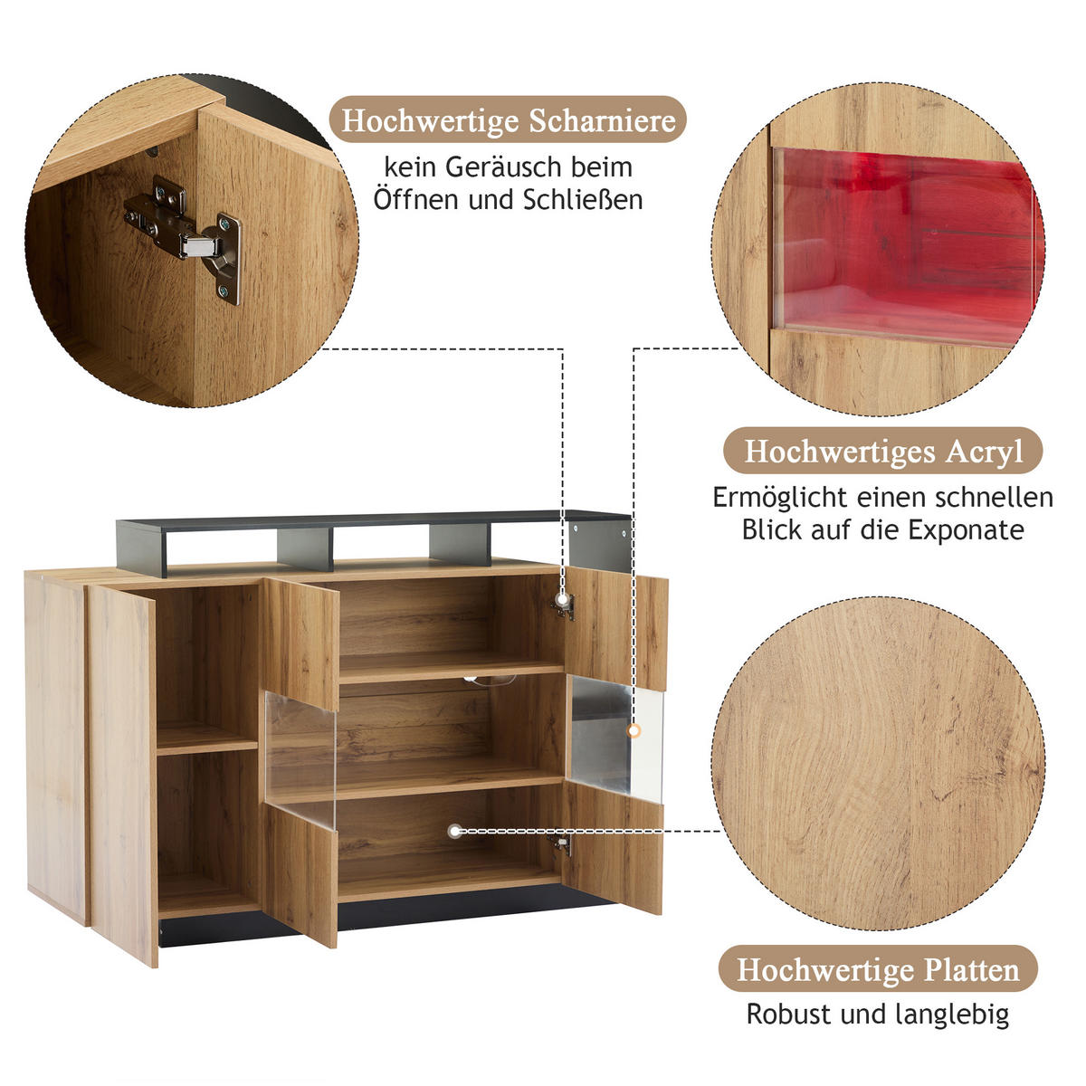 SIDEBOARD LED Holz MDF Bluetooth Modern Esszimmer Stauraum - Naturfarben, Holzwerkstoff (44/93.5/140cm) - FLIEKS
