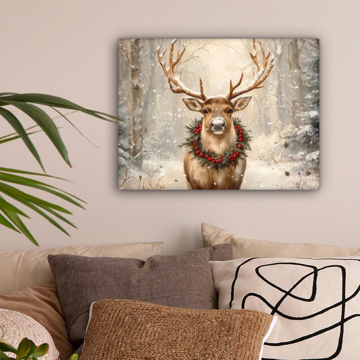 LEINWANDBILD Weihnachten - Rentier - Winter - Kranz 40x30 cm - Naturfarben, Textil (40/30cm) - MuchoWow