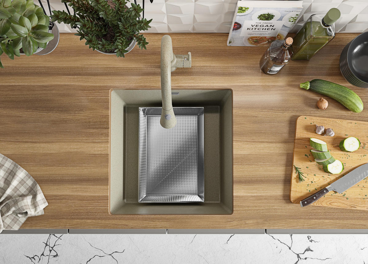 UNTERBAUSPÜLE GRANIT London, 2-er set Beige 46/47 cm 1 Becken + Ablauf-Set ab 50er Unterschrank - Chromfarben/Beige, Kunststoff (46/20/47cm) - Primagran