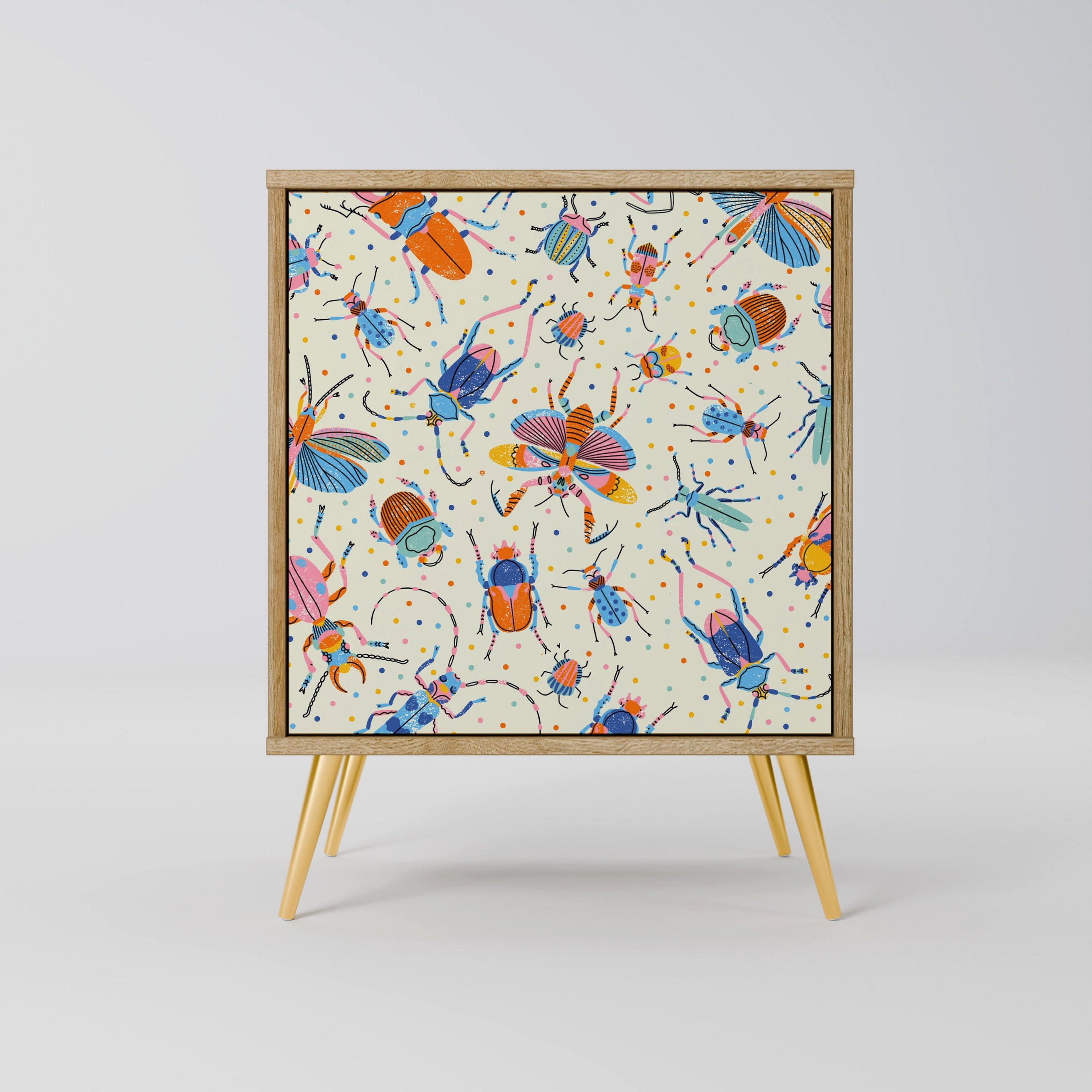 SIDEBOARD COLORFUL INSECTS, Eichefarben, 57,5x42x75,5 cm, Goldfarbene Metallfüße - Eichefarben/Goldfarben, Holzwerkstoff/Metall (57.5/75.5/42cm) - SpaceRebels
