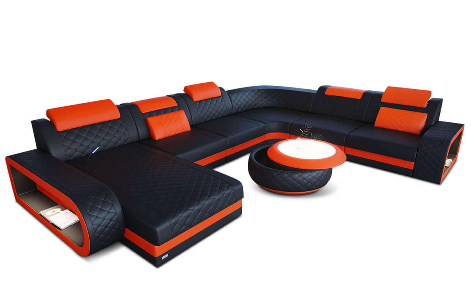 WOHNLANDSCHAFT Berlin U-Form Mini Schwarz Orange Kunstleder - Rot/Schwarz, Textil (362/80/264cm)