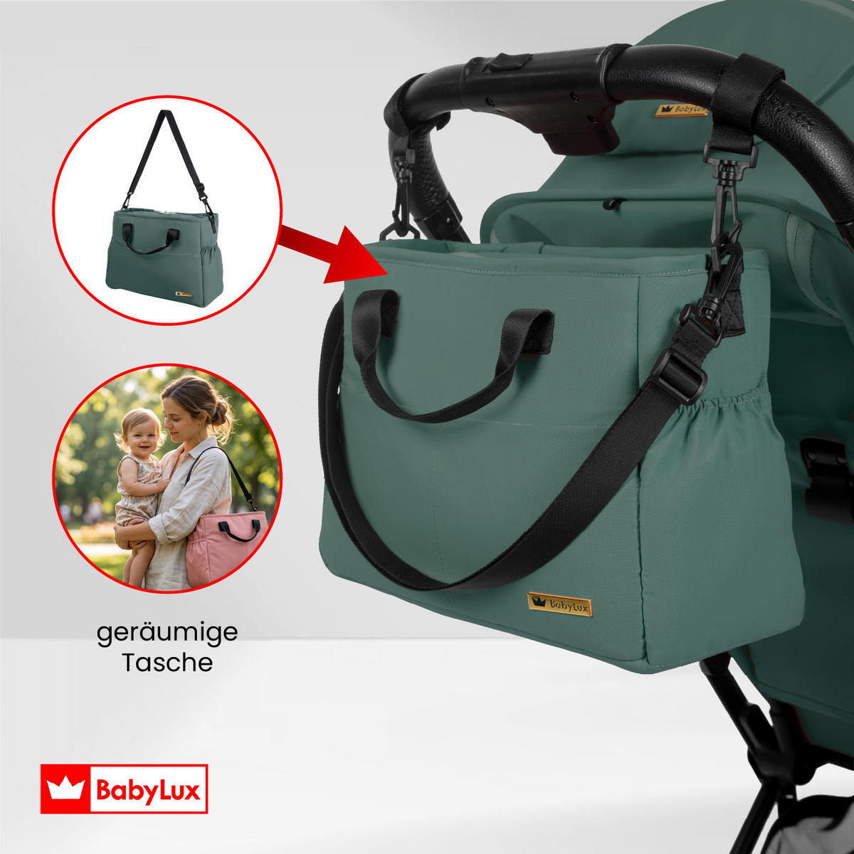 BUGGY Giau, Klein und Leicht, Teleskopische Führung, Kompakt Faltbar, Wickeltasche, Reisetasche - Schwarz/Grün, Textil/Metall (58/98cm) - BabyLux