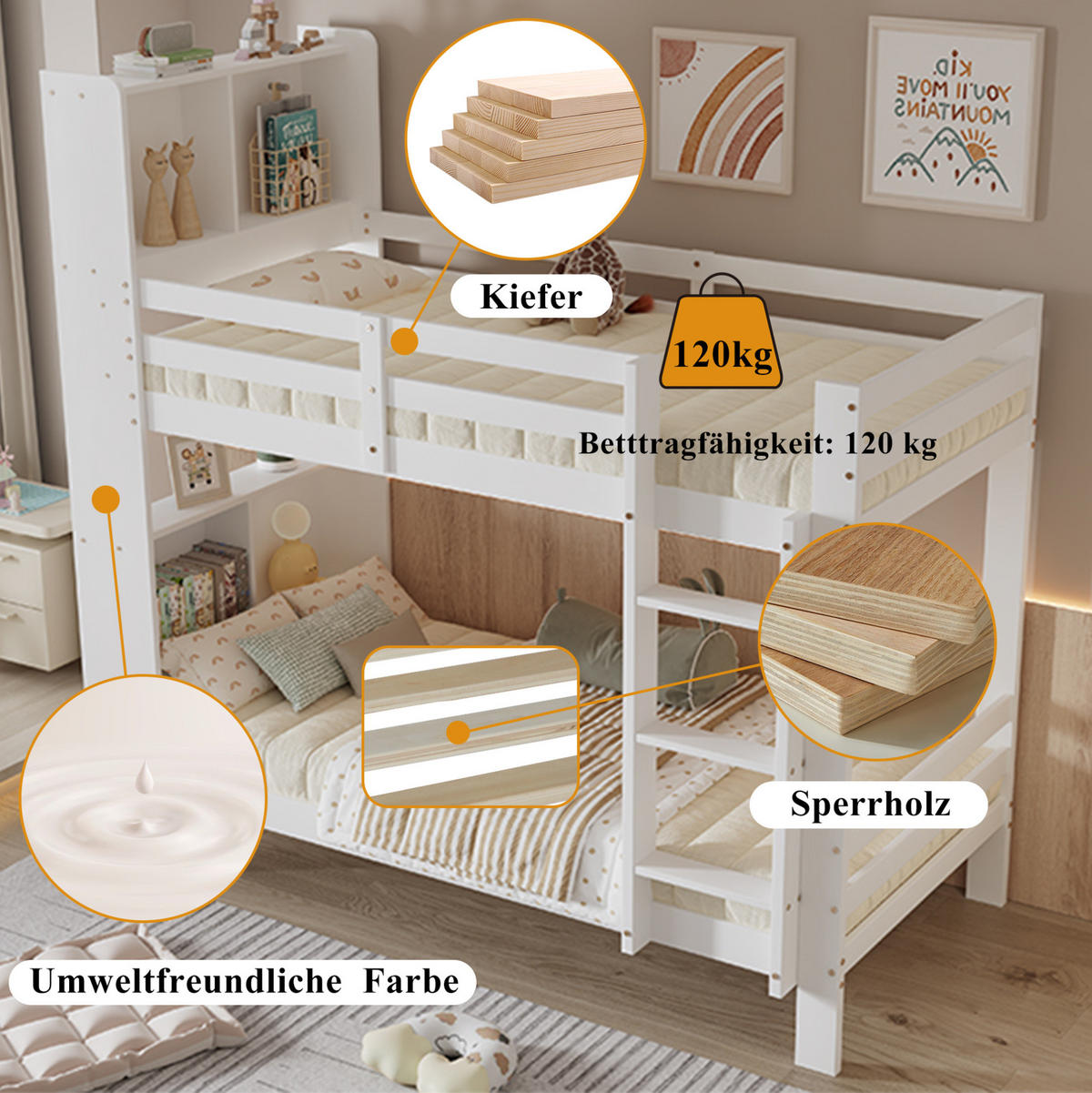 ETAGENBETT 90/200 cm mit Kopfregalen und rechtwinkliger Leiter und MDF, Weiß - Weiß, Holzwerkstoff (90/200cm) - Redom