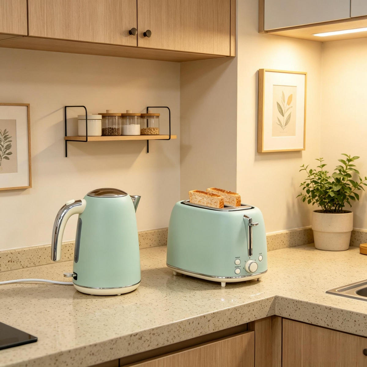 WASSERKOCHER‑SET mit Toaster, 1,7 L kabelloser elektrischer Wasserkocher & 2‑Scheiben‑Toaster, Retro‑Frühstücksset in Mint‑Grün für die moderne Küche - Mintgrün, Metall (17.9/19.2/28.9cm) - Joyfair