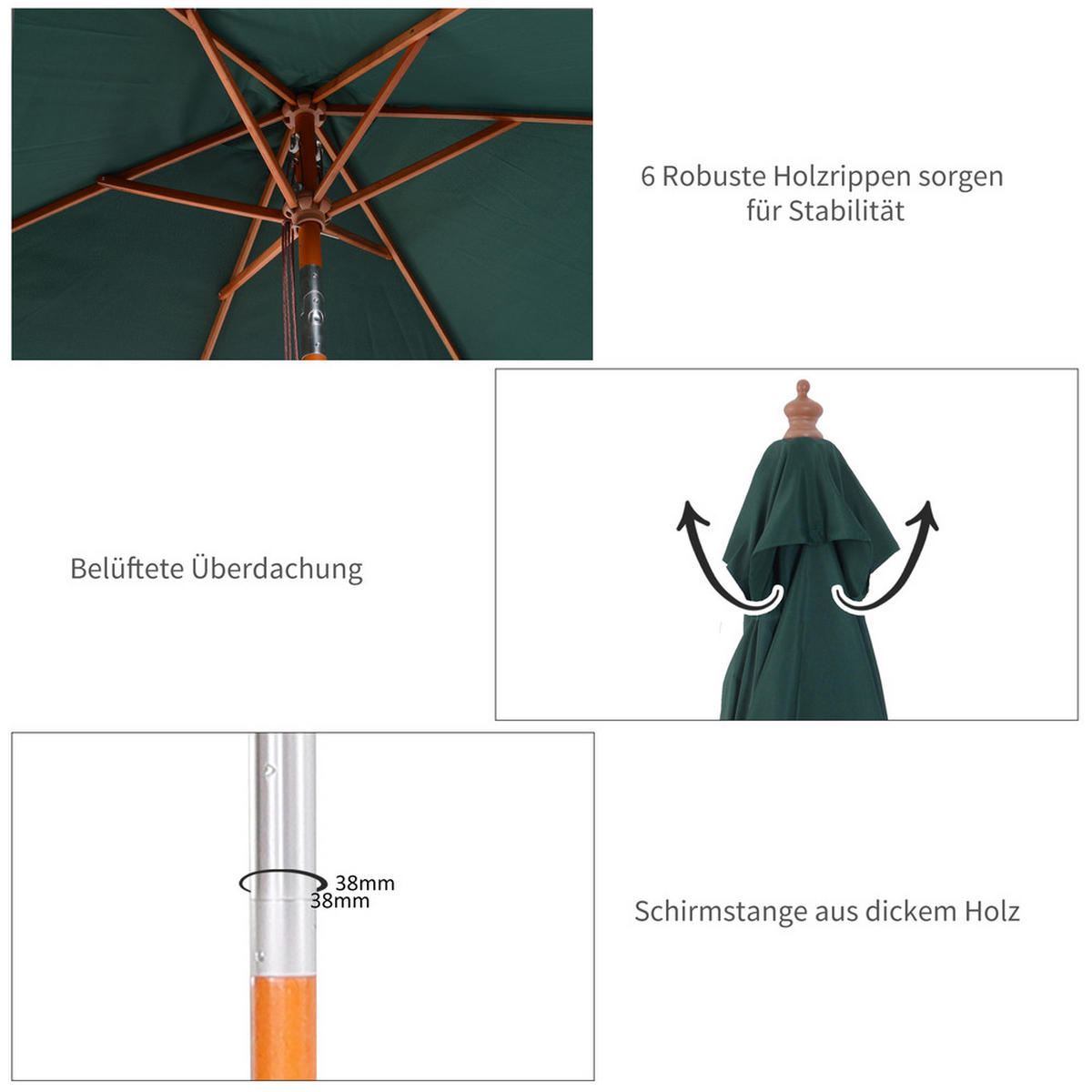 SONNENSCHIRM Rechteckig Tannenholz 200x150cm - Grün, Textil (150/200cm) - Raelunyi