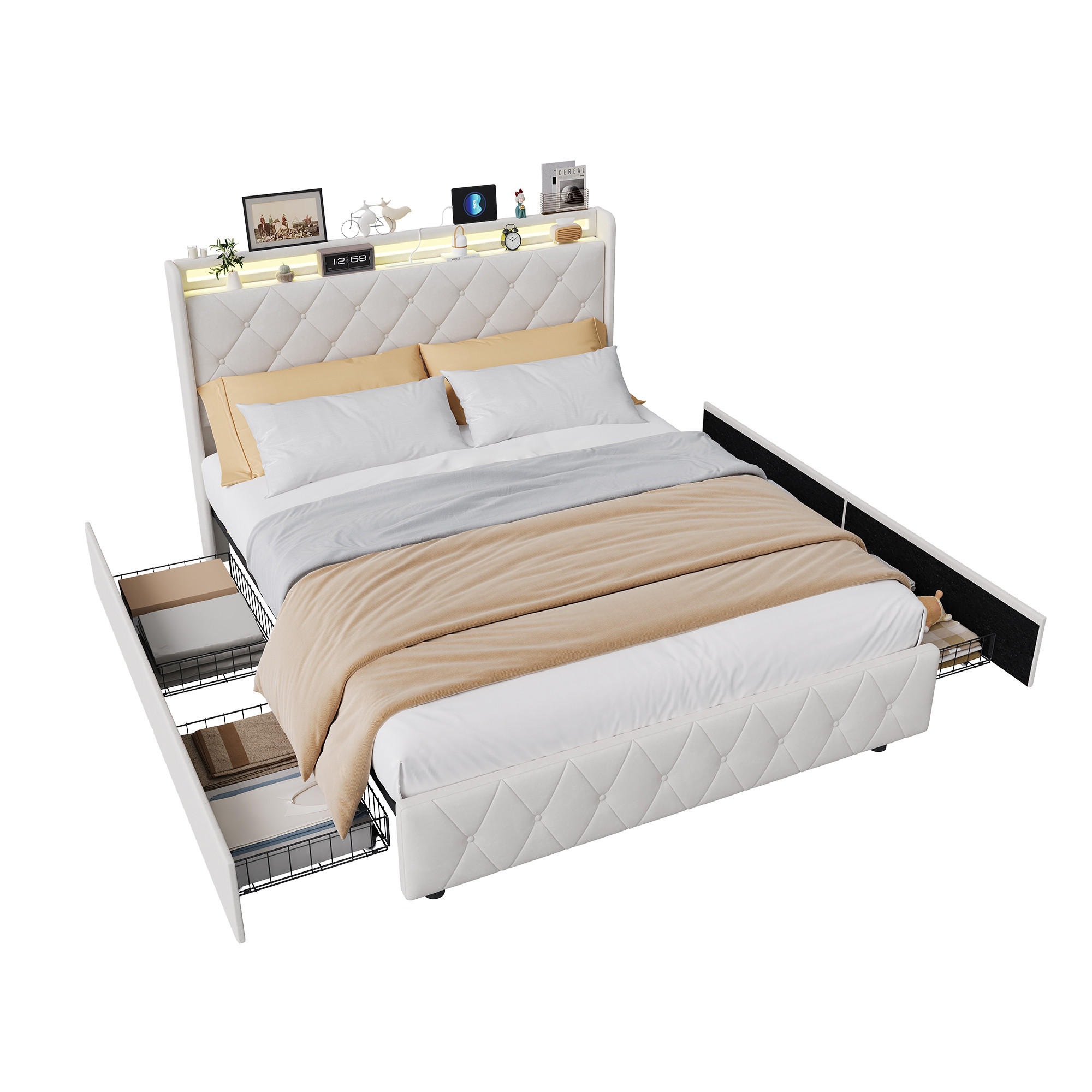 POLSTERBETT 140x200 cm, 4 Schubladen mit Rollen, RGB LED, USB-/Typ-C-Anschlüsse, Samtstoff, Beige - Beige, Holz (140/200cm) - BRILVERDE