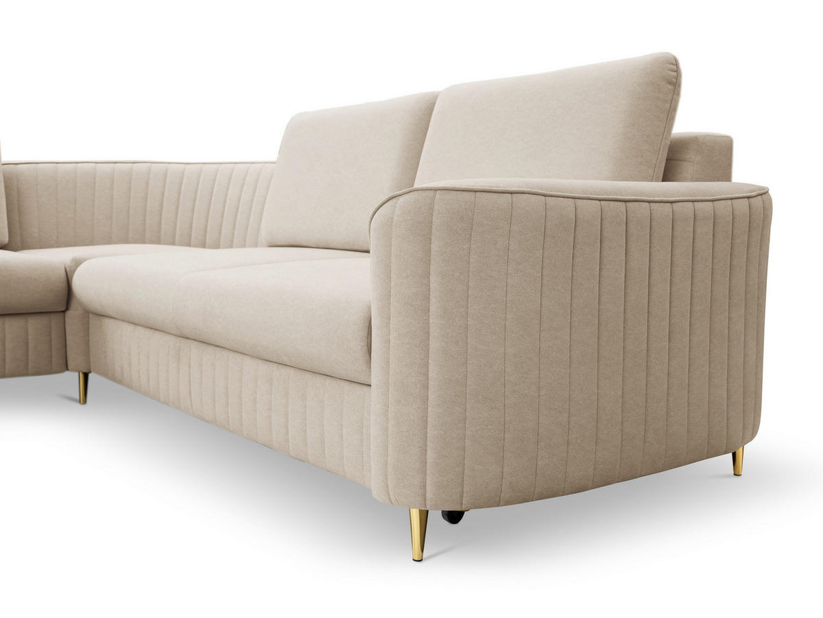 ECKSOFA VELA R-S Beige Velours-Stoff mit Schlaffunktion - Beige, Holz (251/251cm) - MASSENO