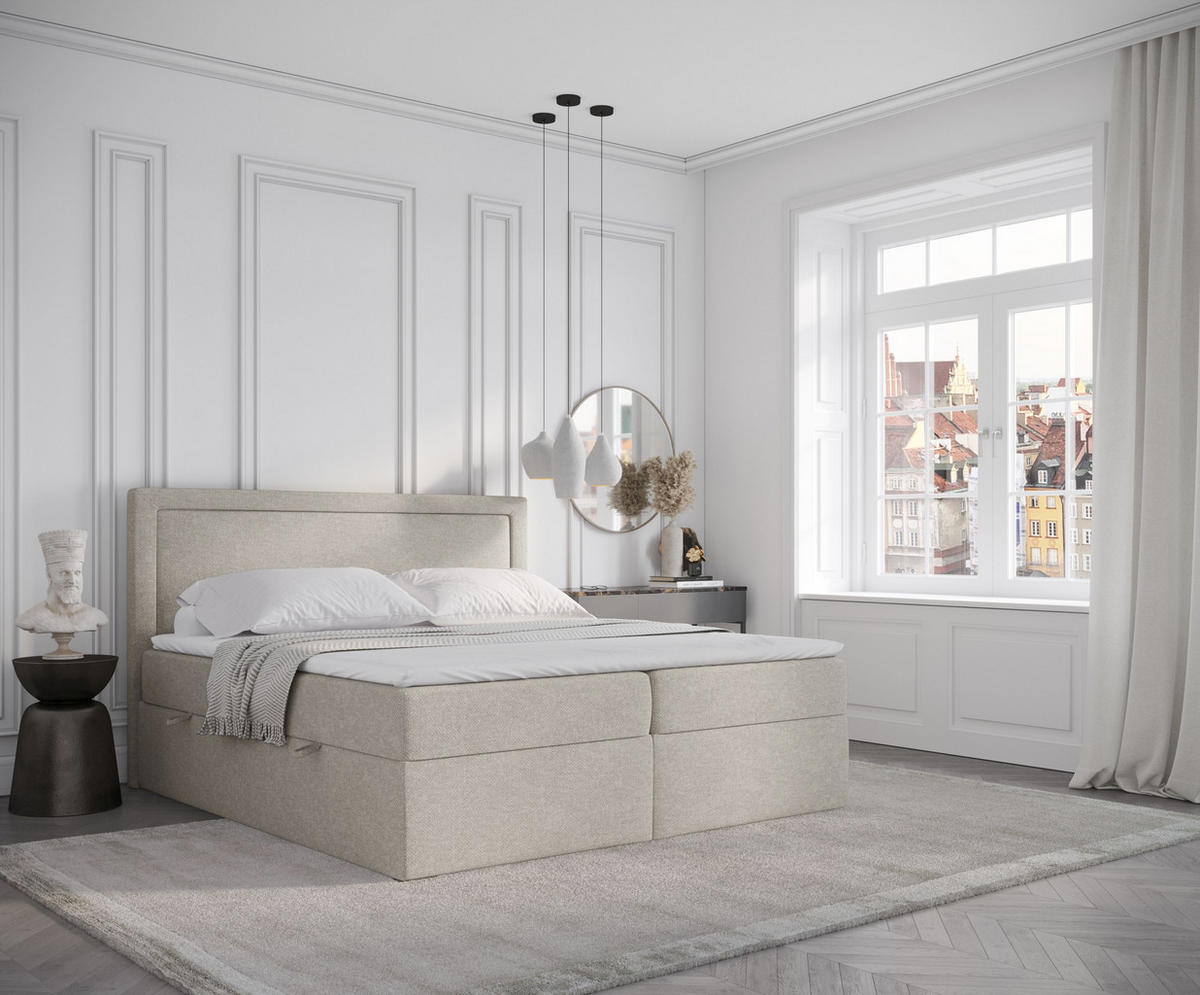 BOXBETT Tribeca Beige Grau 180/200 cm mit Taschenmatratze und Topper - Beige/Schwarz, Holz/Holzwerkstoff (180/200cm) - Maison de Reve