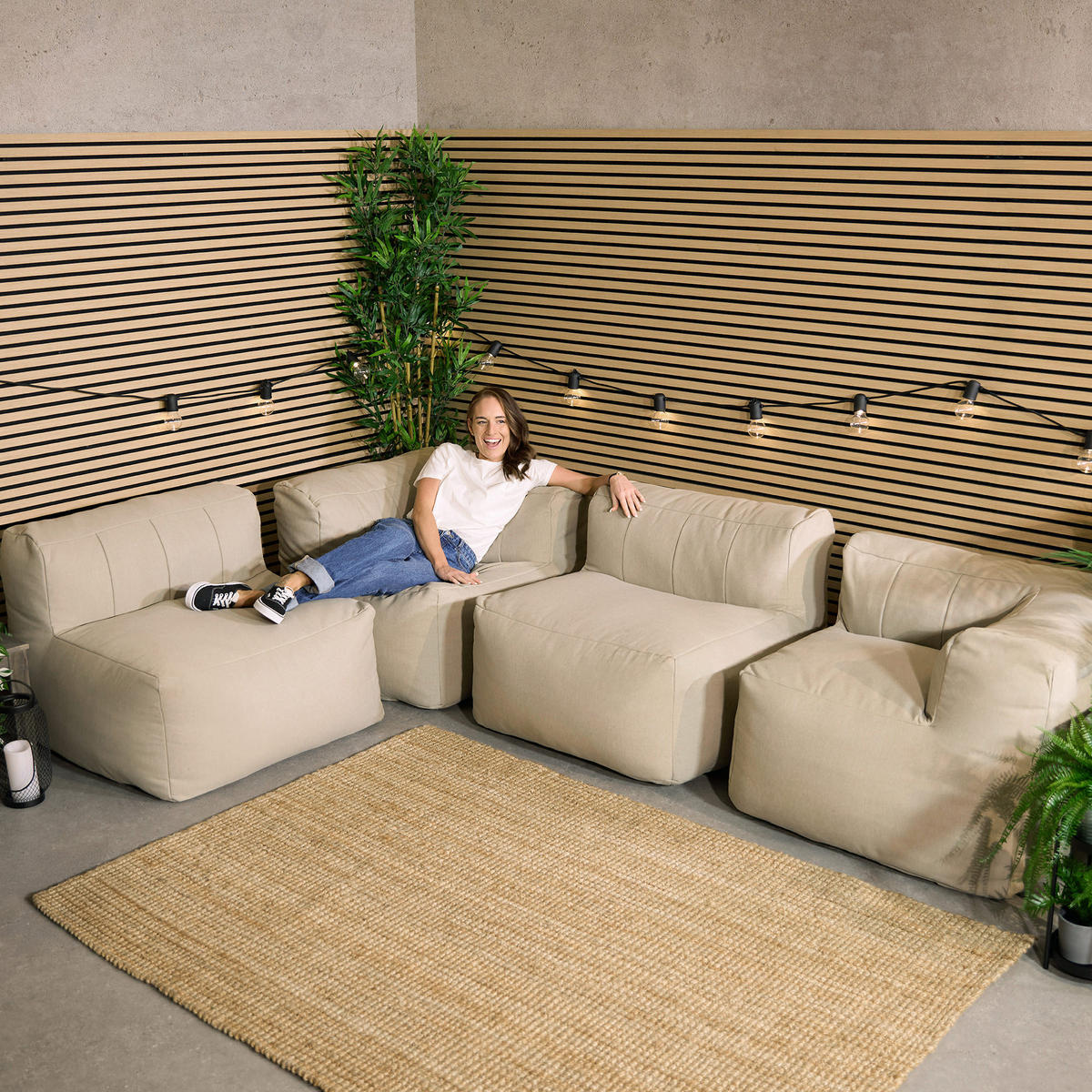 SITZSACK-SOFA Outdoor 4-tlg.: 2 Ecksessel, 2 Sessel - Beige, Textil (390/68/100cm) - icon