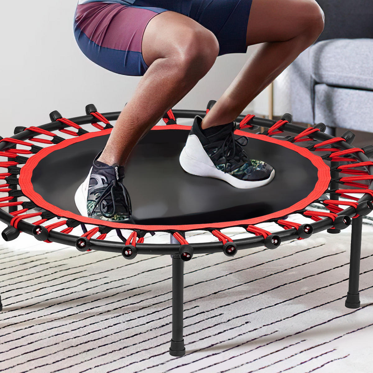 40-ZOLL-RUNDTRAMPOLIN mit Gummiseilen aus Stahl, Oxford-Gewebe, Gummiseile in Schwarz Rot Langlebig und sicher Stabil und leise 25 x 101 x 101cm - Schwarz, Metall (101/101cm) - Livingandhome