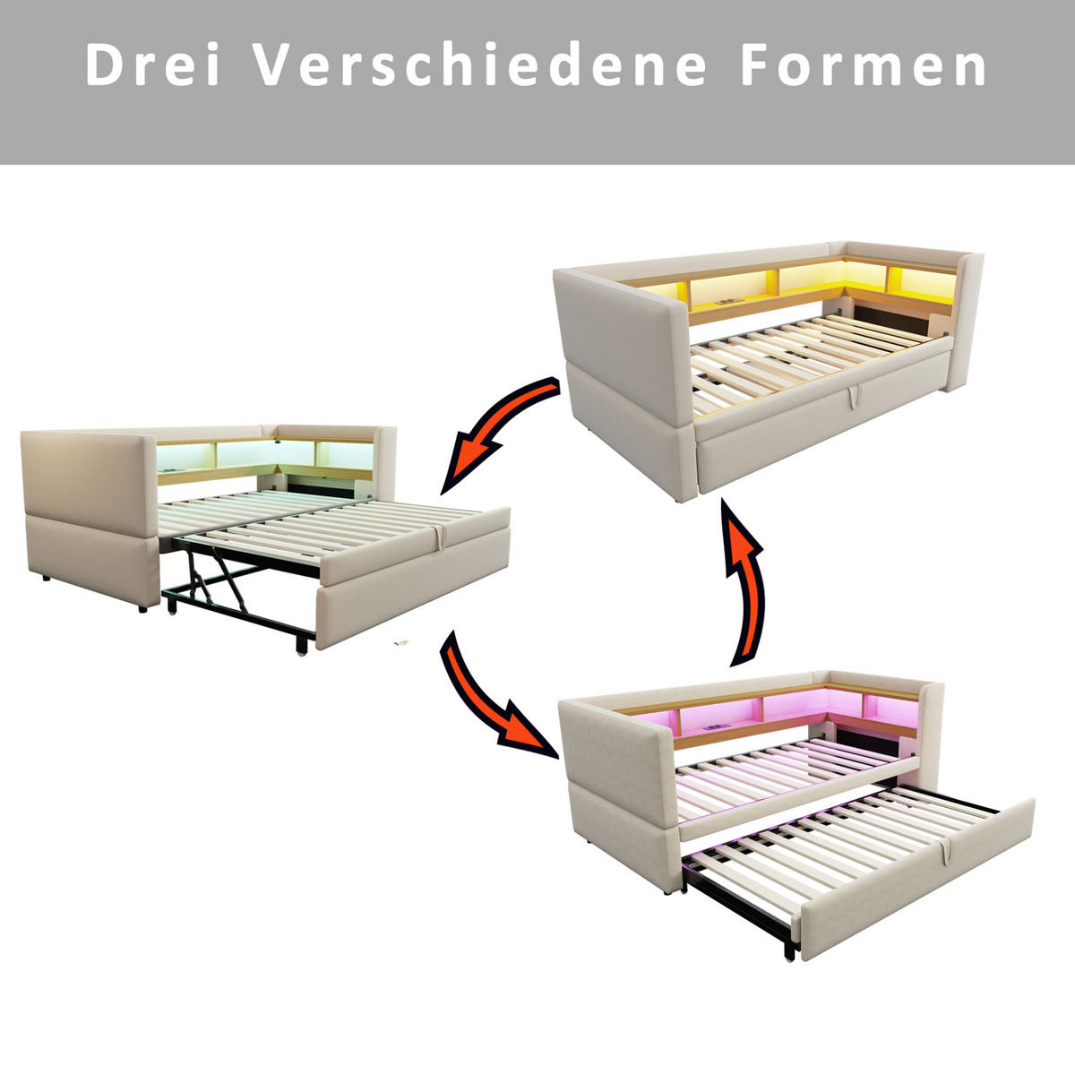 TAPECIRANI krevet na razvlačenje 90/180x190 cm bež od flanela s LED rasvjetom i utičnicama - bež, tekstil (90/190cm) - OKWISH