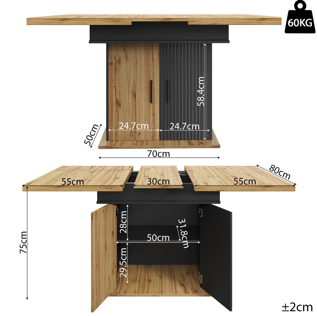 AUSZIEHTISCH 110-140/80/75 cm in Schwarz/Natur mit Stauraum für 4-6 Personen - Schwarz, Holzwerkstoff (110/80/75cm) - BEAOK