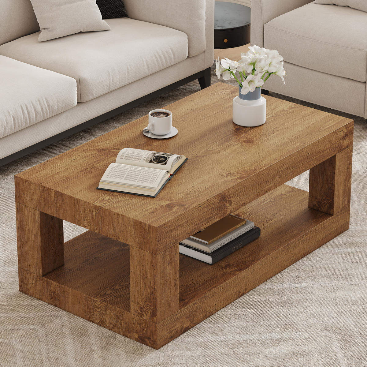 COUCHTISCH 93/53/46 cm mit 2 Ebenen, offenem Ablagefach und bodenschonenden Filzgleitern, Naturholz - Naturfarben, Holzwerkstoff (93/53/46cm) - Redom