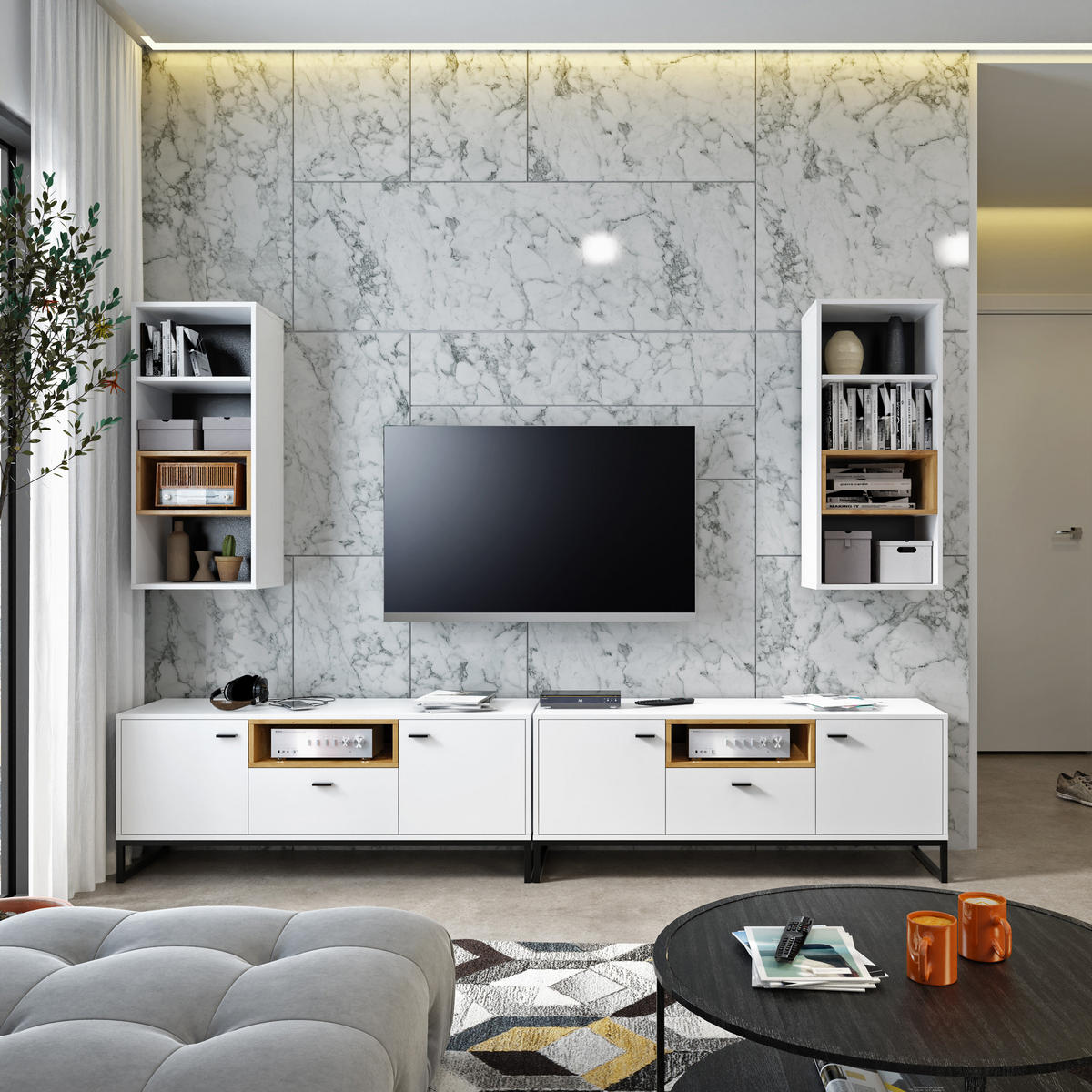 VITRINE OMAN mit 1 Tür, Weiß+eiche Artisan - Schwarz/Weiß, Holzwerkstoff/Metall (90/130/40cm) - Beautysofa