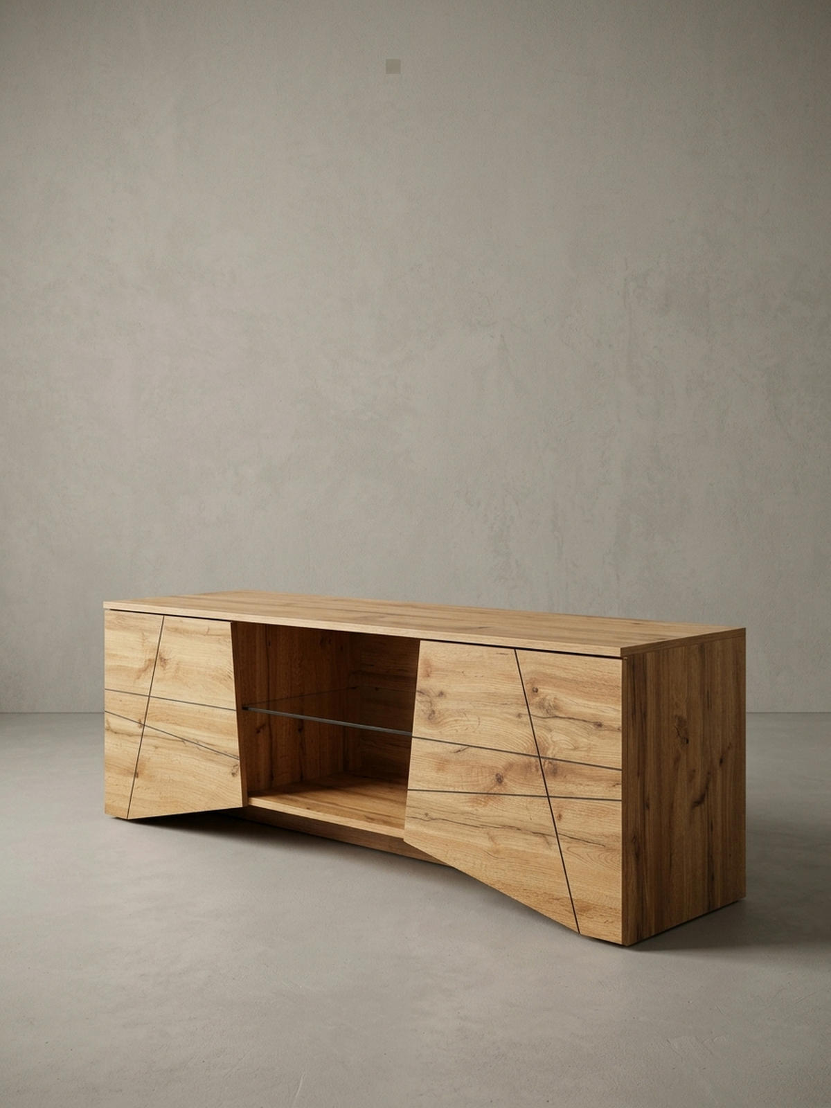 LOWBOARD Eiche-Dekor Modern Stil für 70-Zoll Fernseher mit Glasablage - Braun, Holz (160/50/40cm) - KADIMA DESIGN